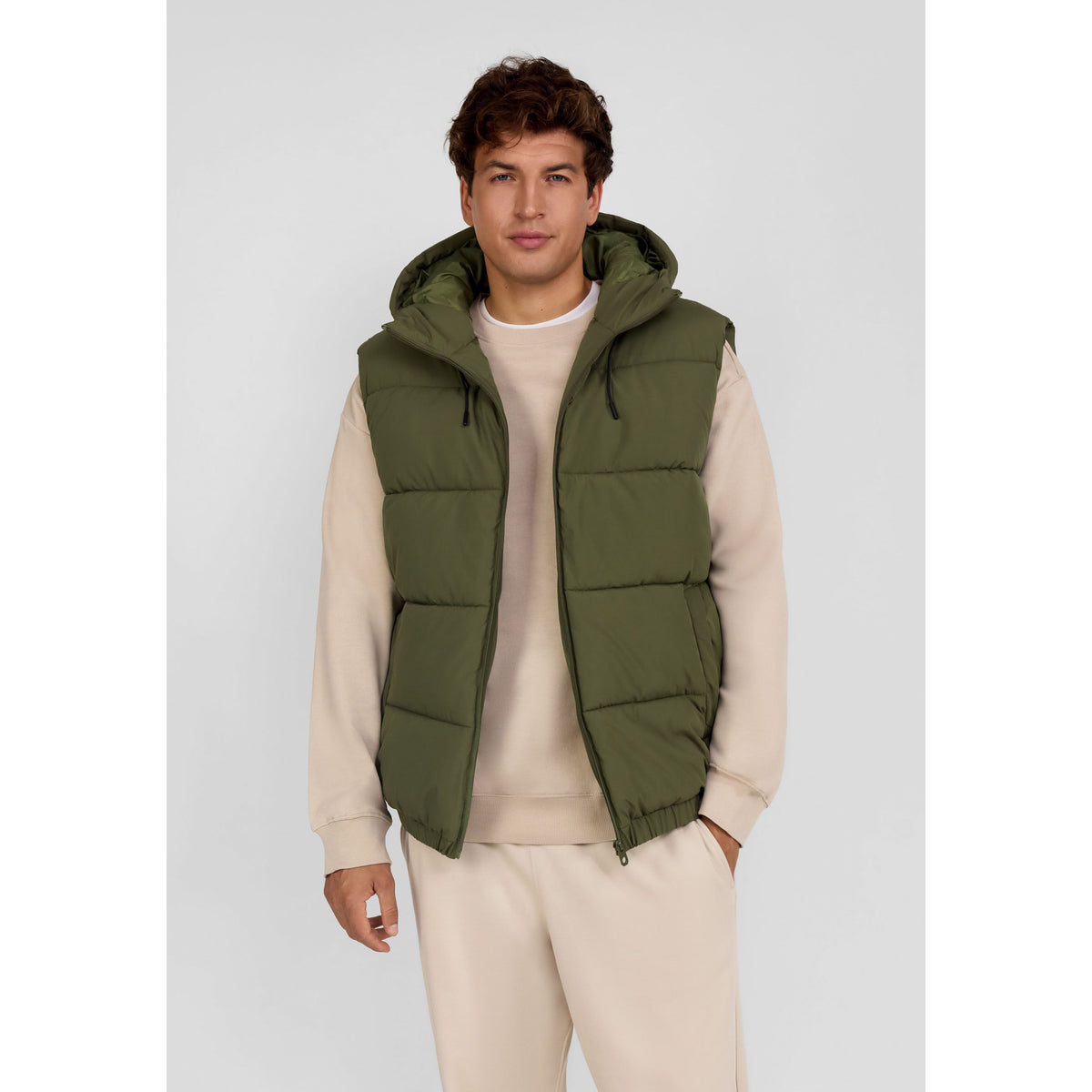 Men's padded gilet in olive green — complete product view for square Shop card