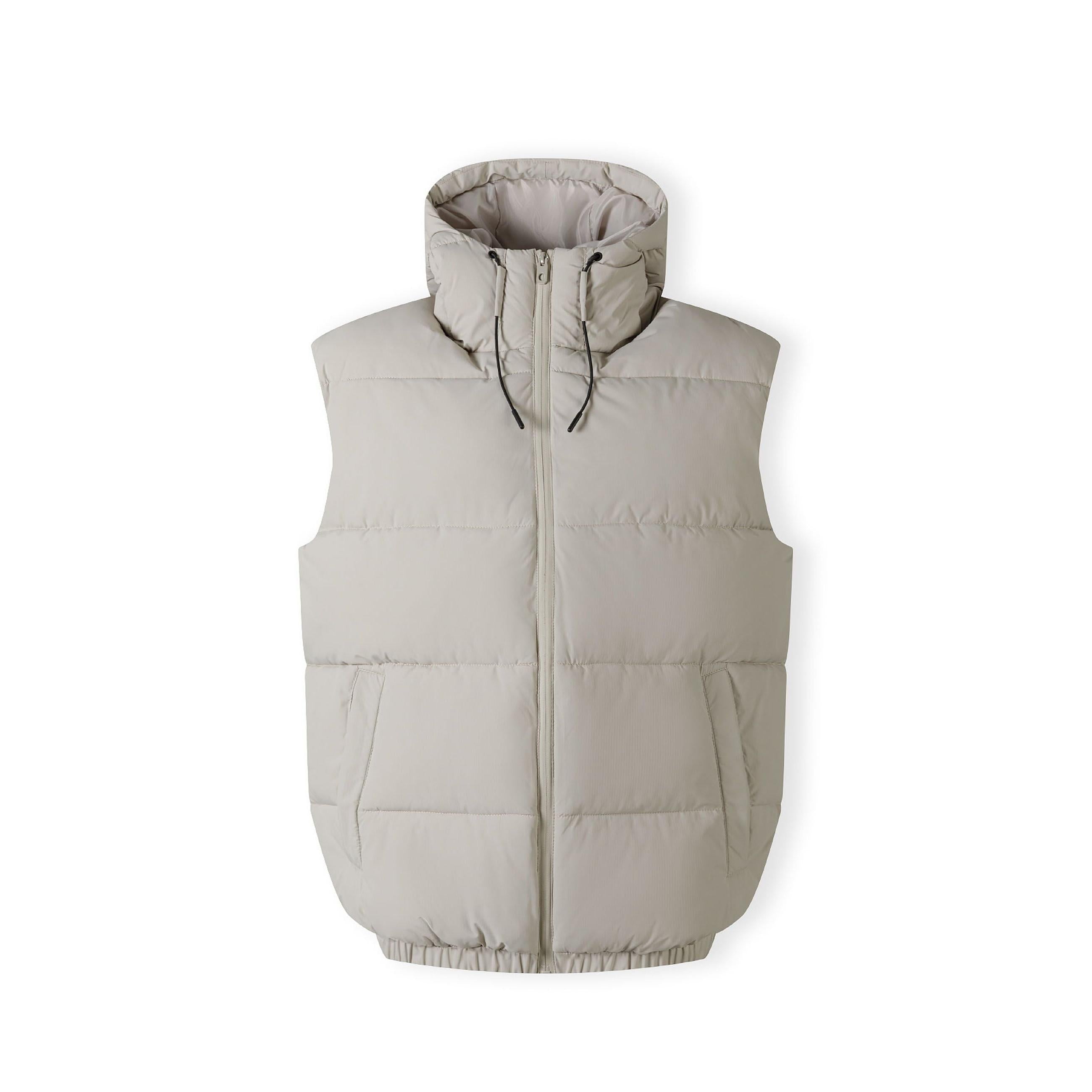 Men's grey padded ripstop gilet with hood, full zip, and side pockets.
