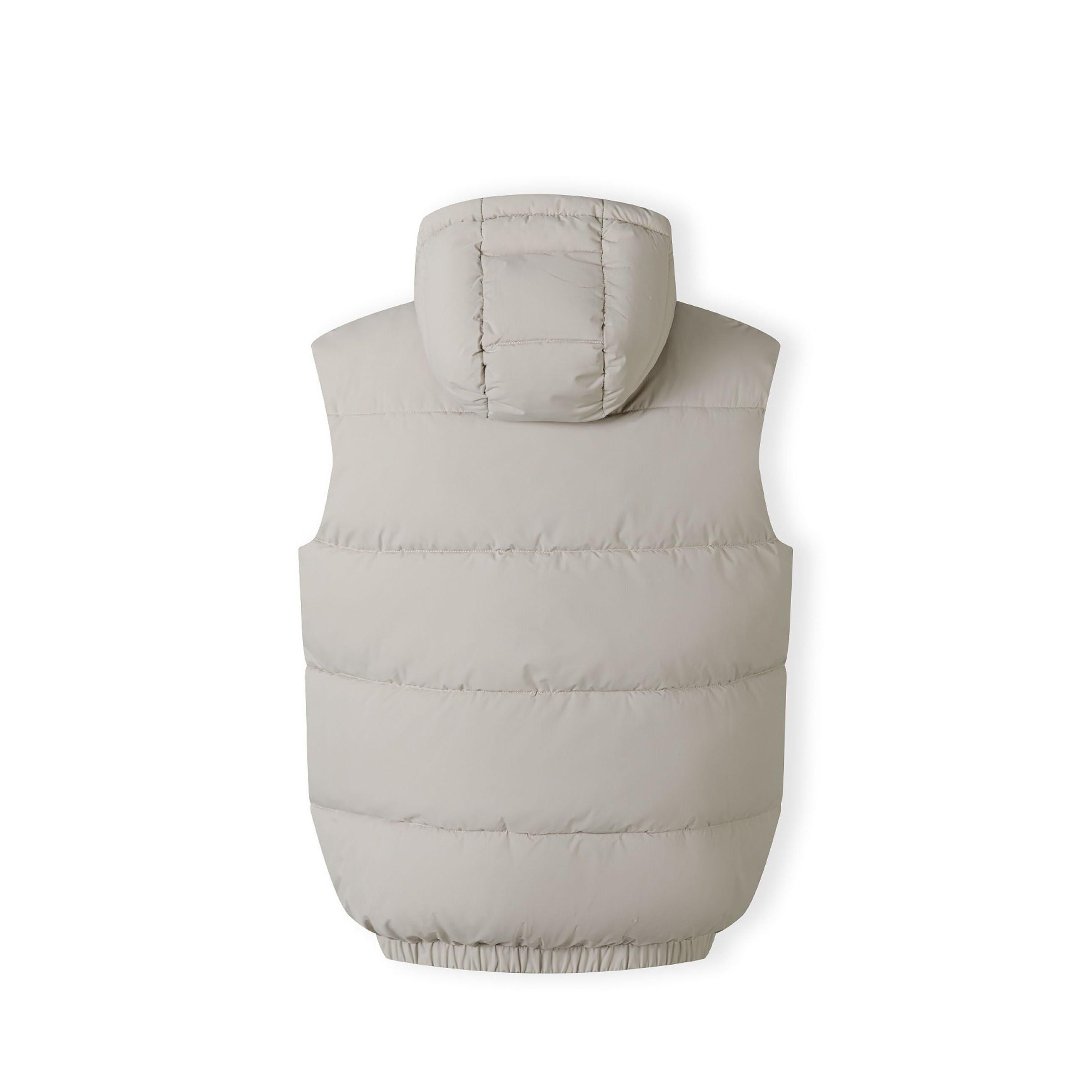 Back view of grey padded gilet showing quilted panels, hood construction and overall silhouette against neutral background