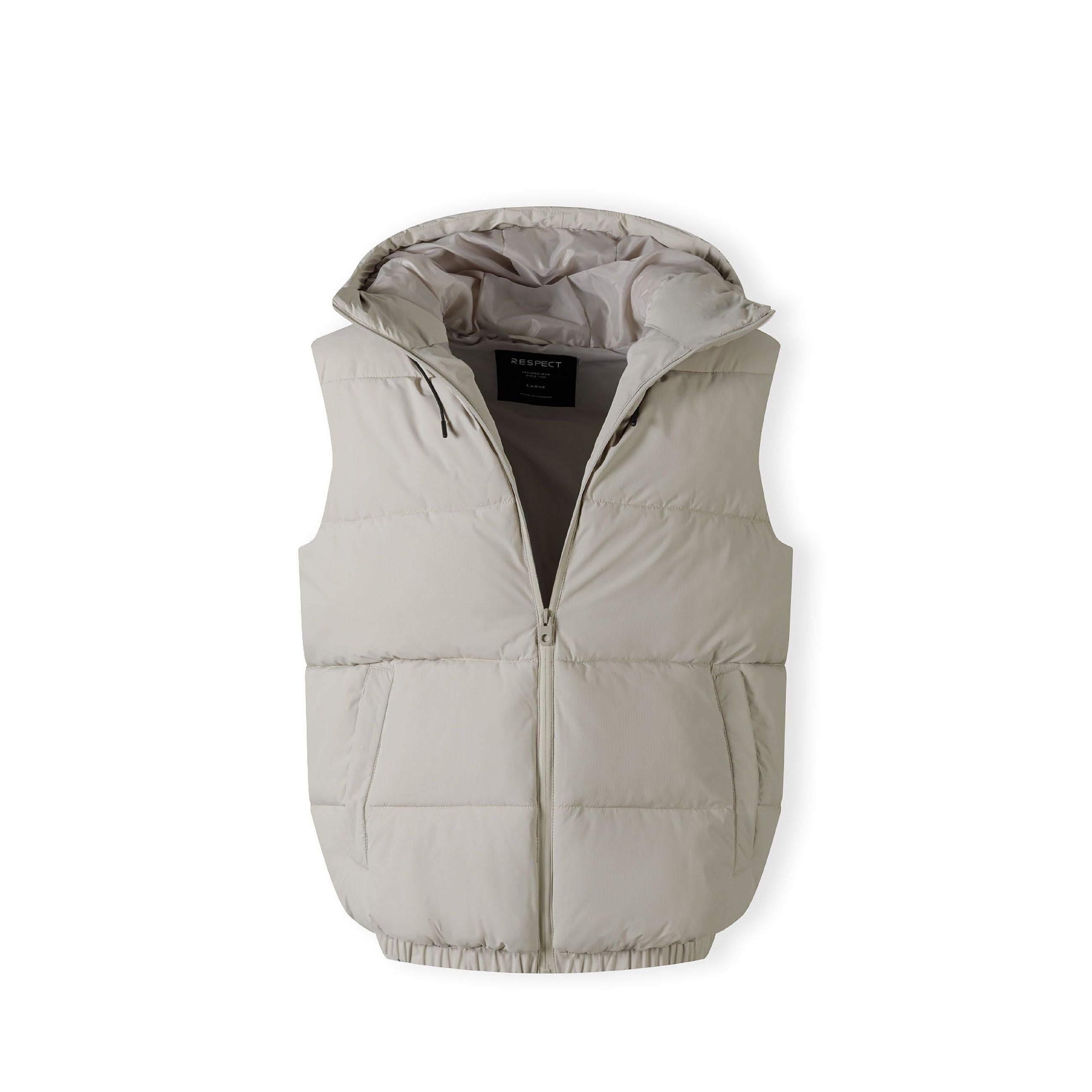 Close-up detail of grey gilet showing zip pocket construction with neat stitching and ripstop fabric texture