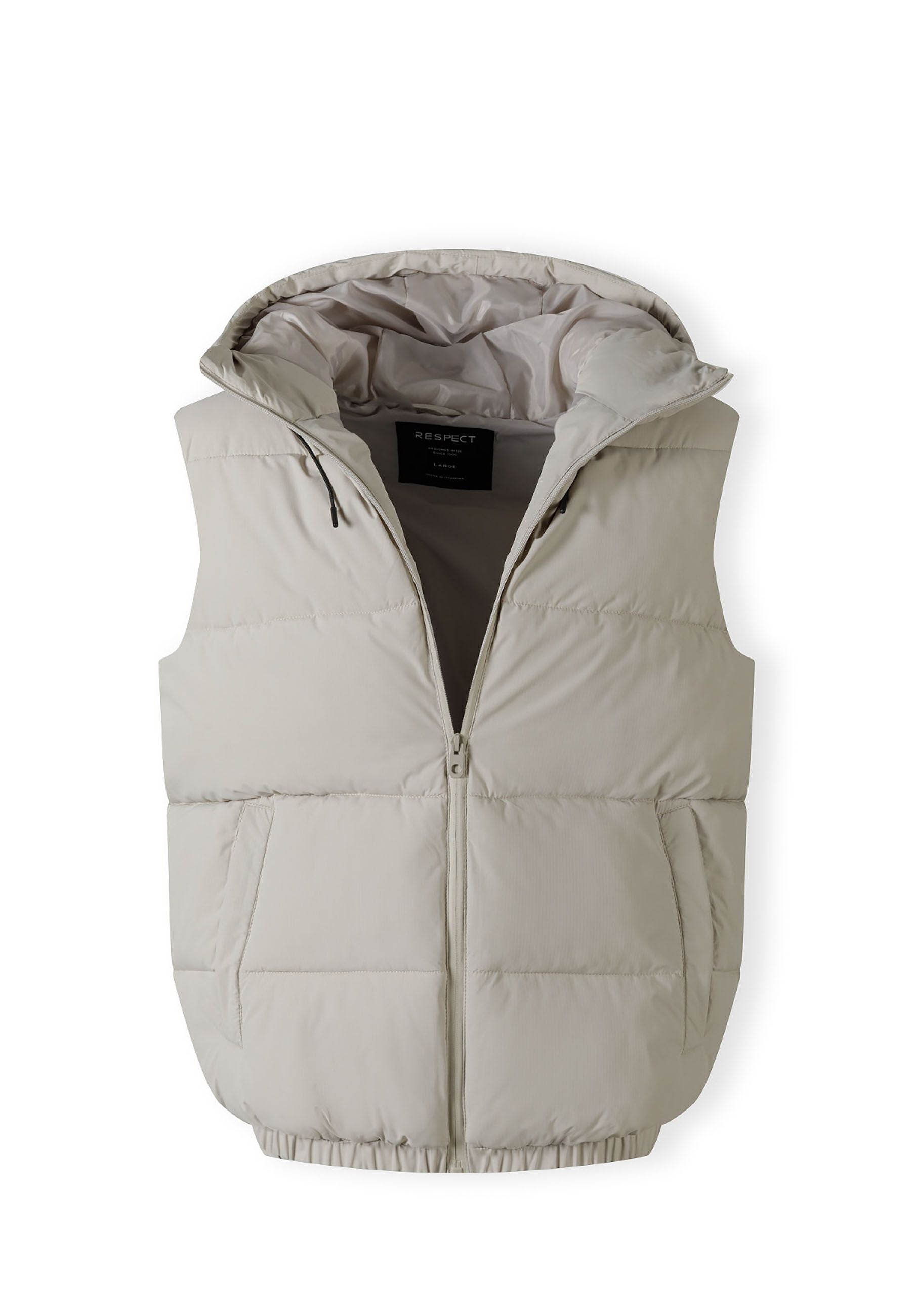 Men's grey padded gilet with hood, full zip, and two side pockets, front view.