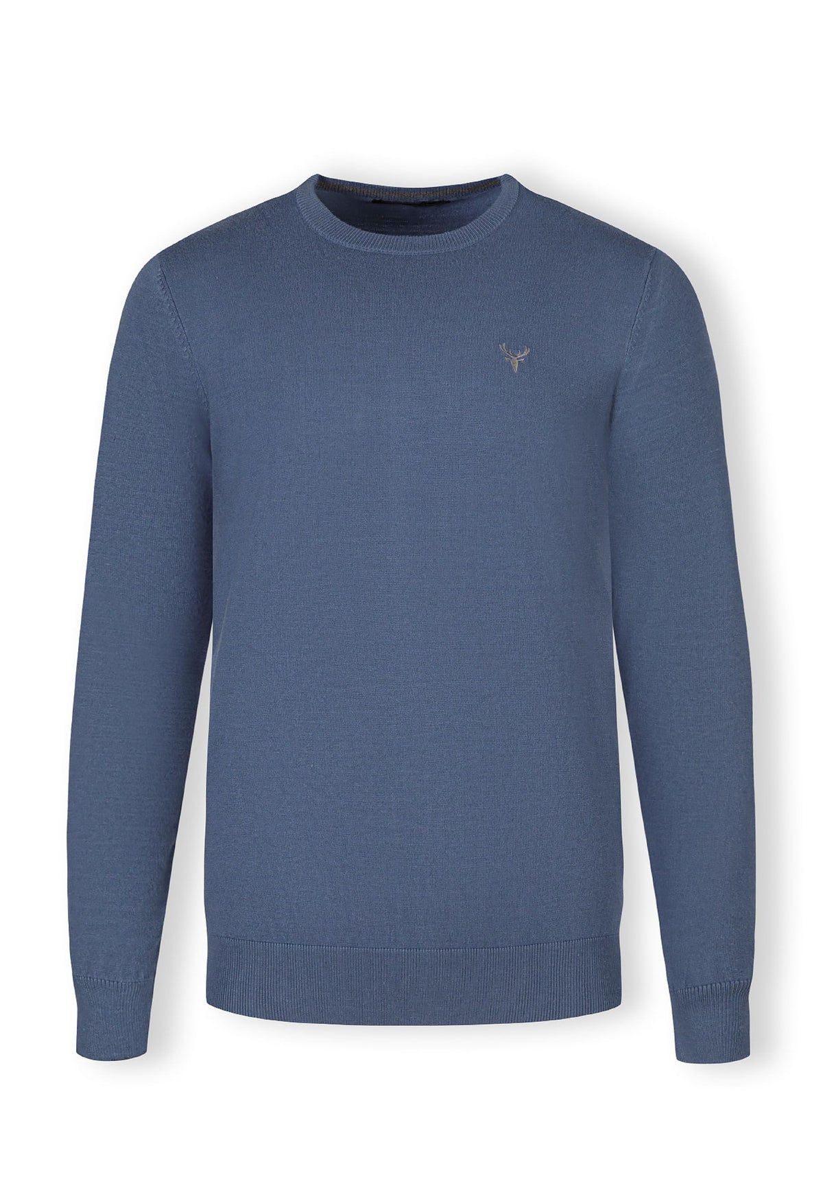 Blue crew neck jumper, front.