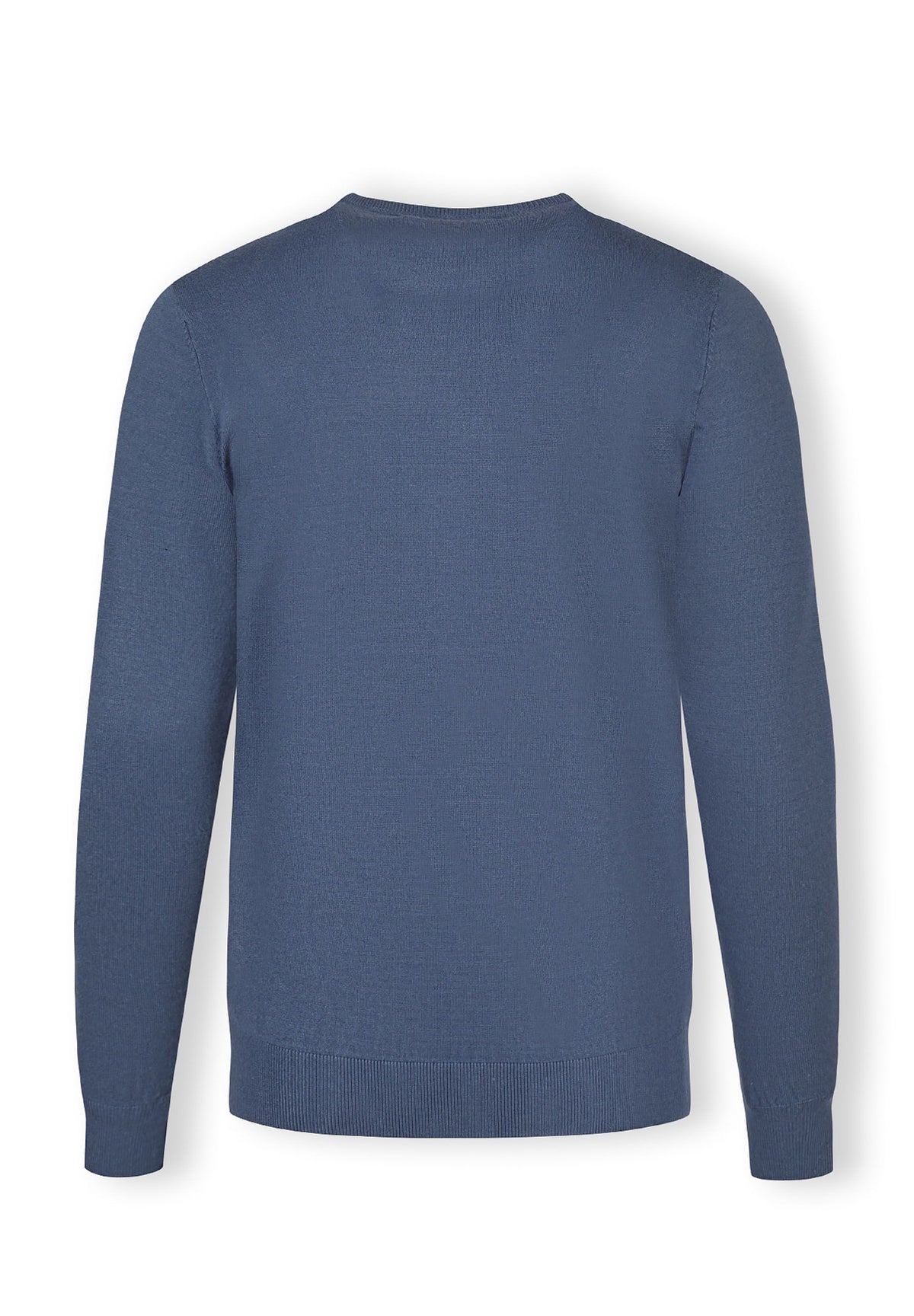 Blue crew neck jumper, back.