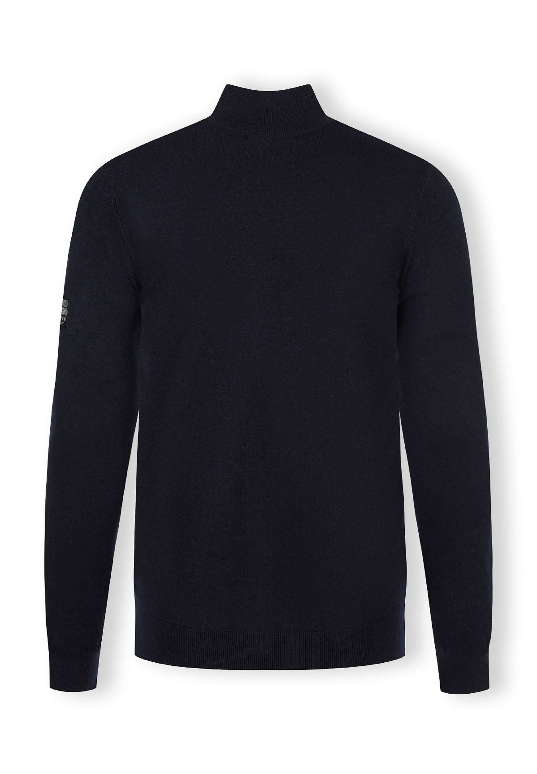 Men's half zip jumper in navy, back view with high collar and ribbed cuffs.