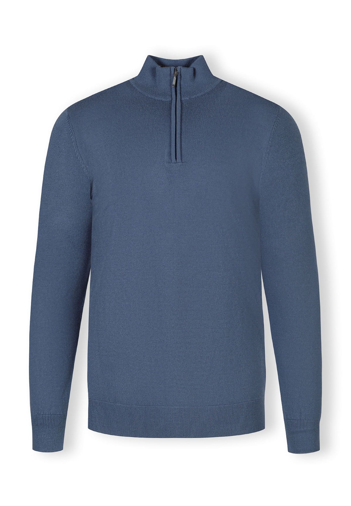 Men's half zip jumper in blue with stand collar and ribbed cuffs.