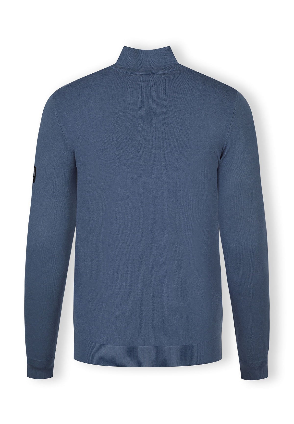 Men's half zip jumper in blue, back view with stand collar and ribbed cuffs.