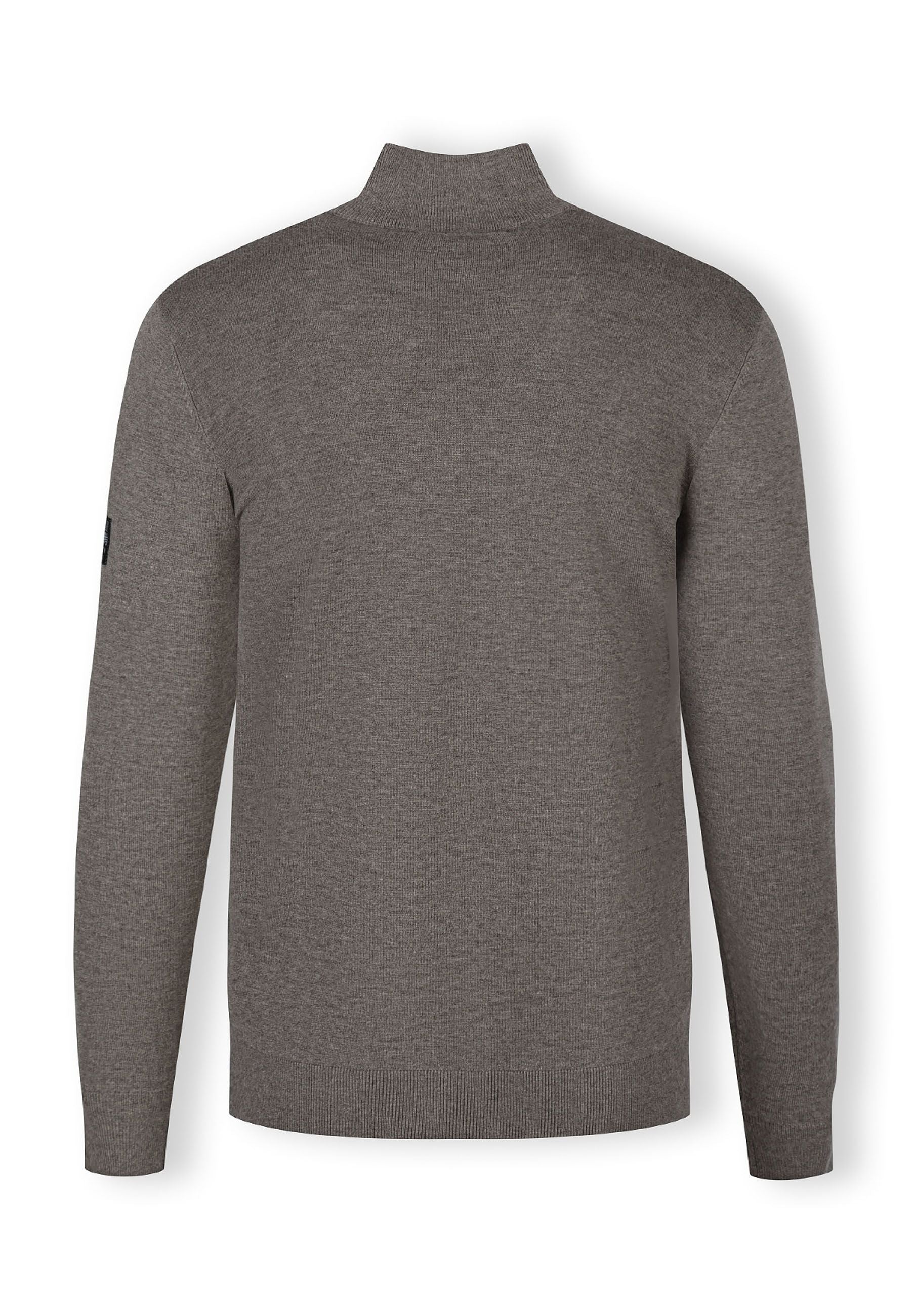 Men's half zip jumper in grey, back view with ribbed cuffs.