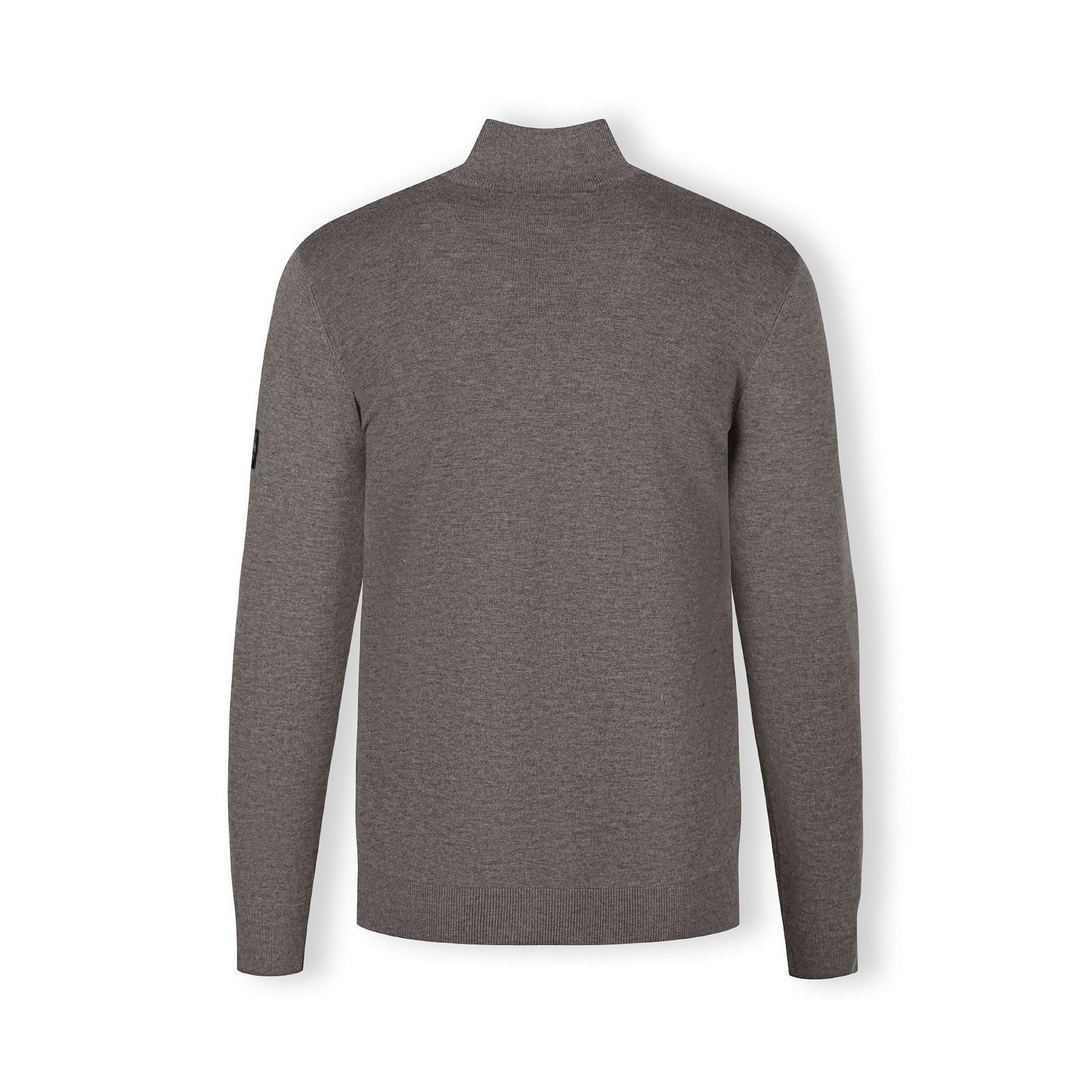 Grey half zip jumper laid flat showing full front view with ribbed collar, cuffs and hem detail on white background