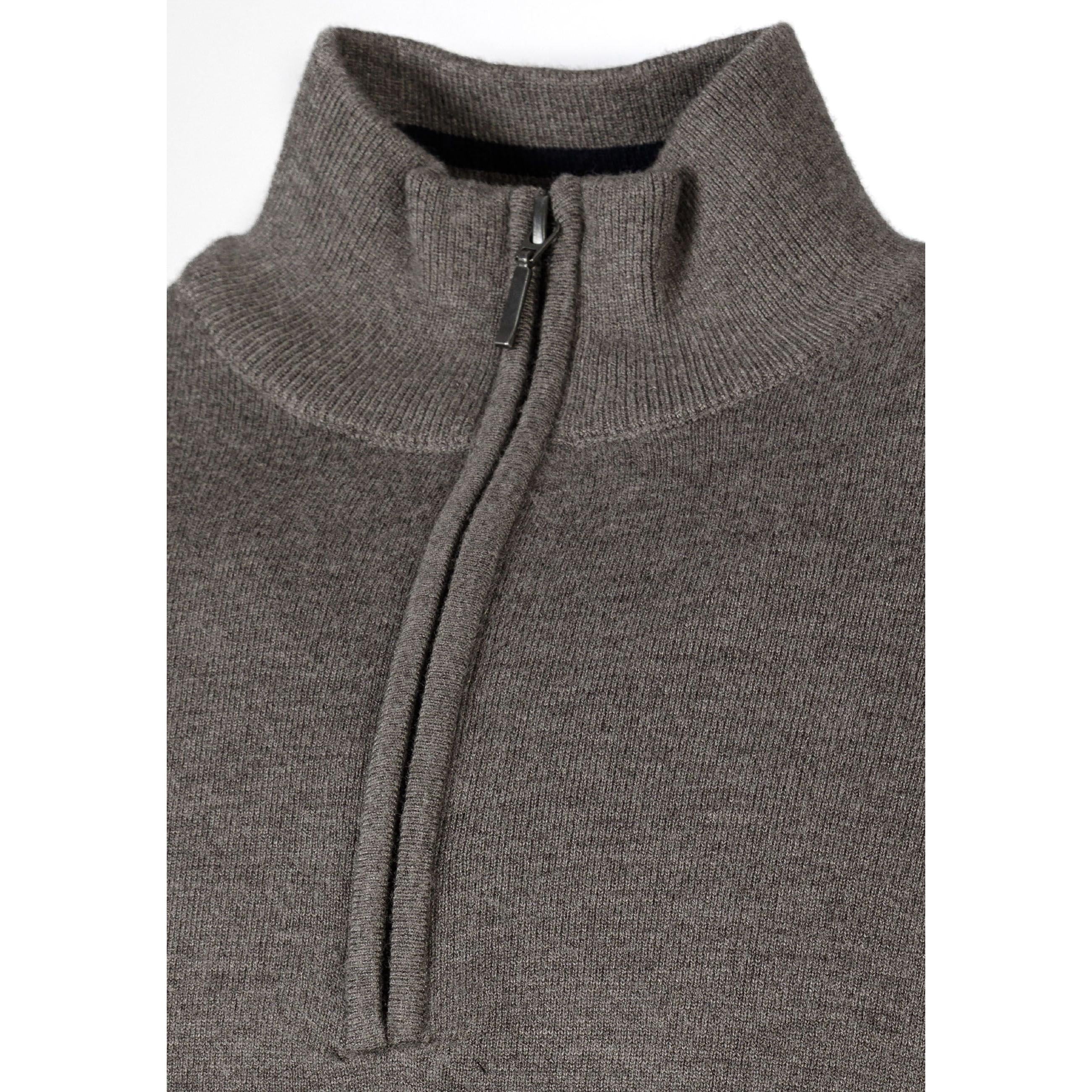 Close-up detail of grey knit fabric showing half zip collar with black zipper pull and ribbed texture