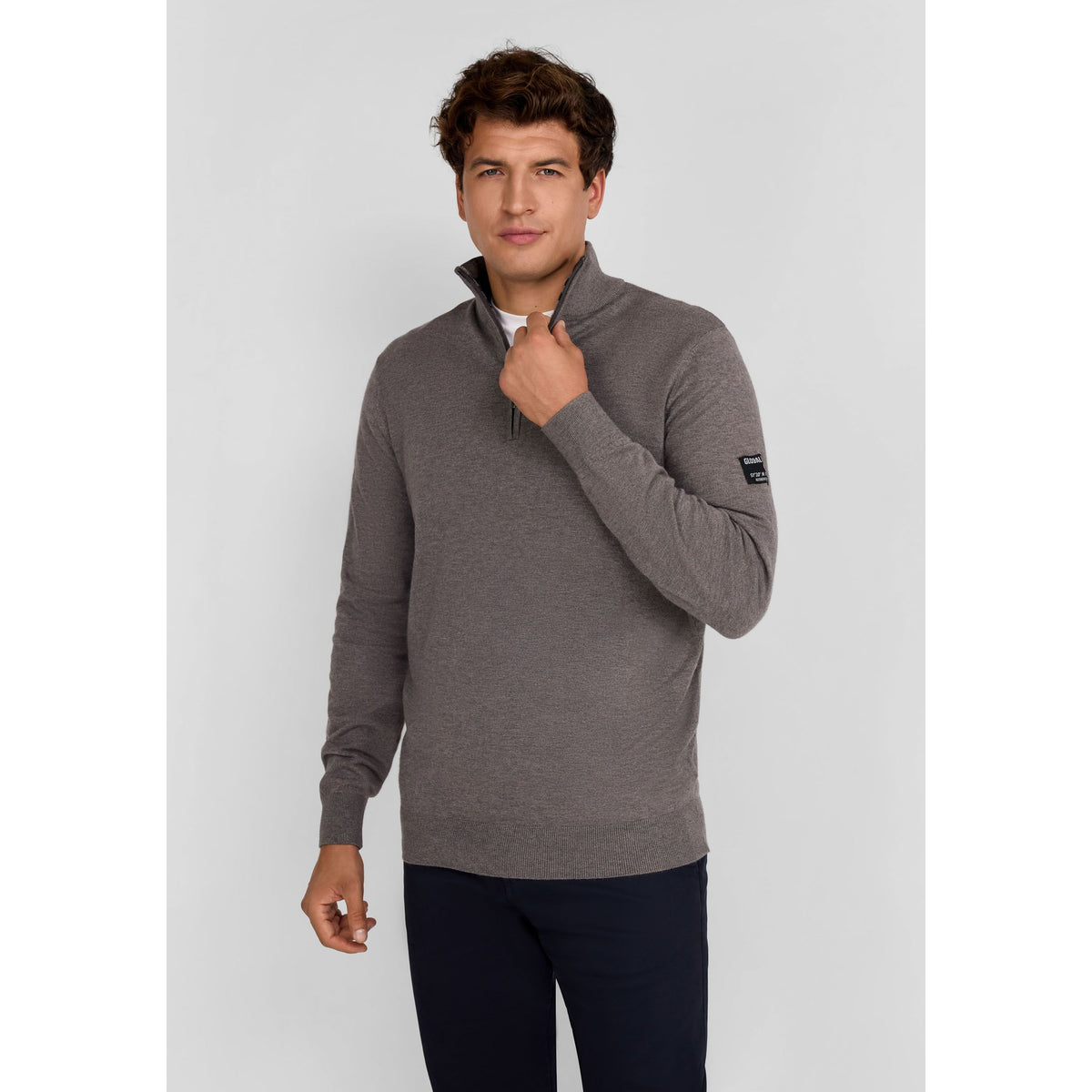 Men's quarter zip jumper in grey marl — complete product view for square Shop card