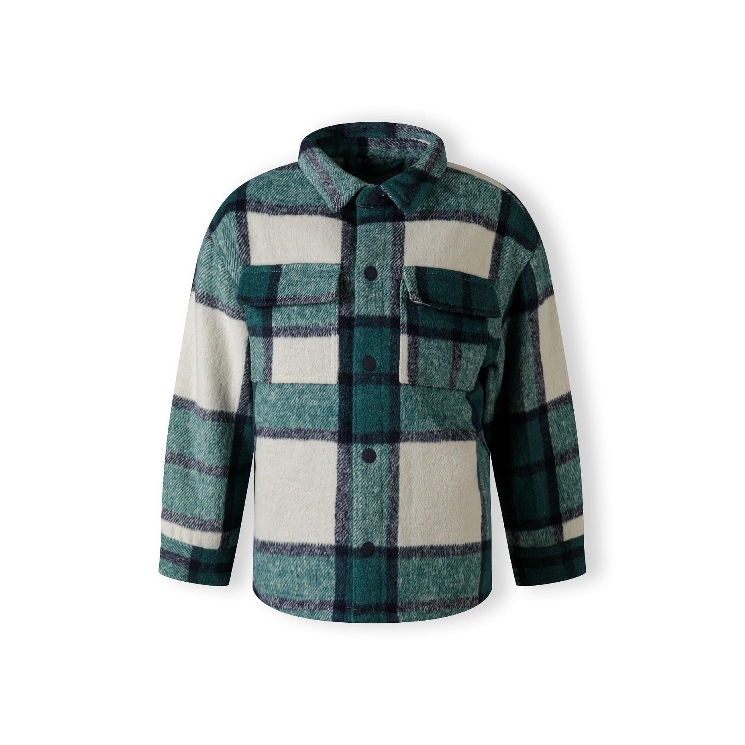 Green check shirt jacket laid flat showing back view with classic plaid pattern in wool blend fabric on white background