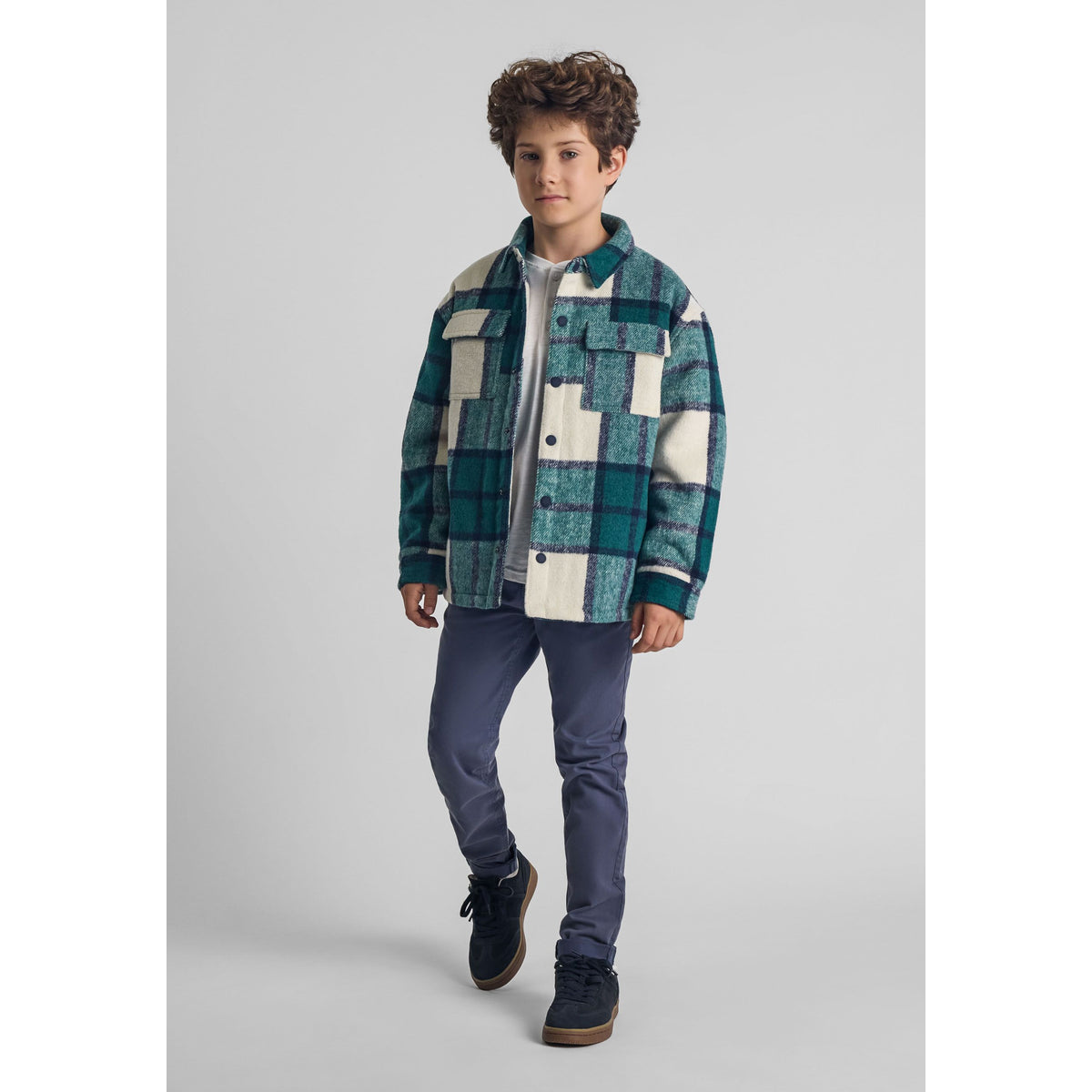 Boys' check shacket in green, cream and black — complete product view for square Shop card