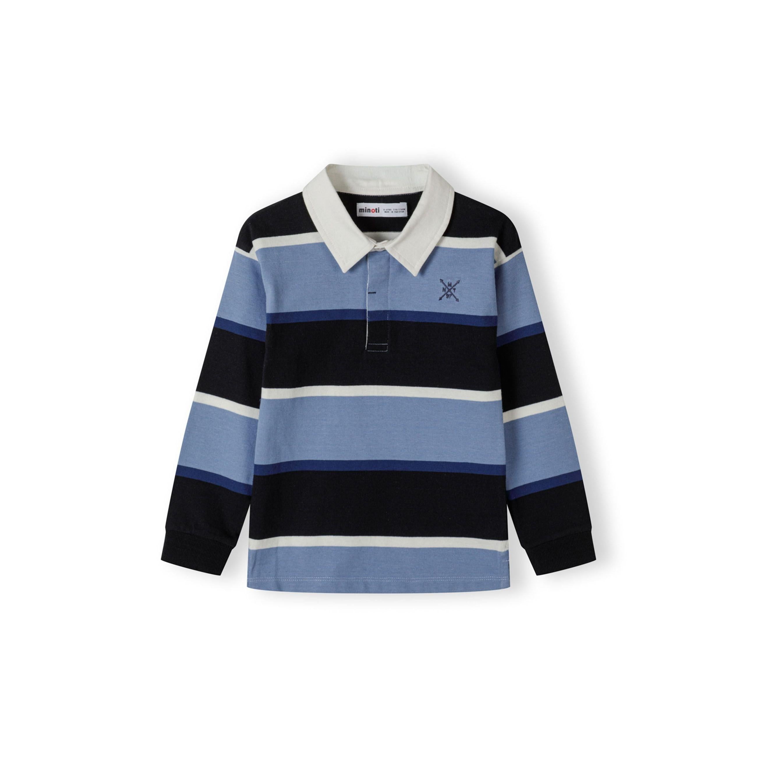 Back view of navy striped rugby polo shirt laid flat showing horizontal stripes in navy, blue, and white pattern with long sleeves