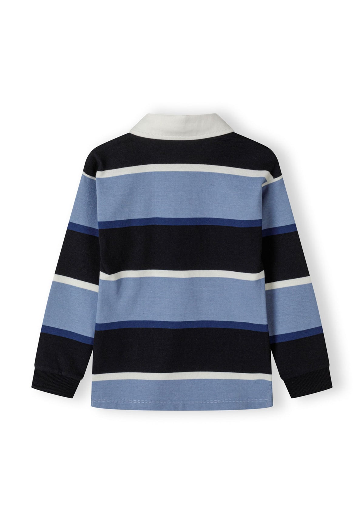 Light blue, navy and white striped rugby shirt, back.