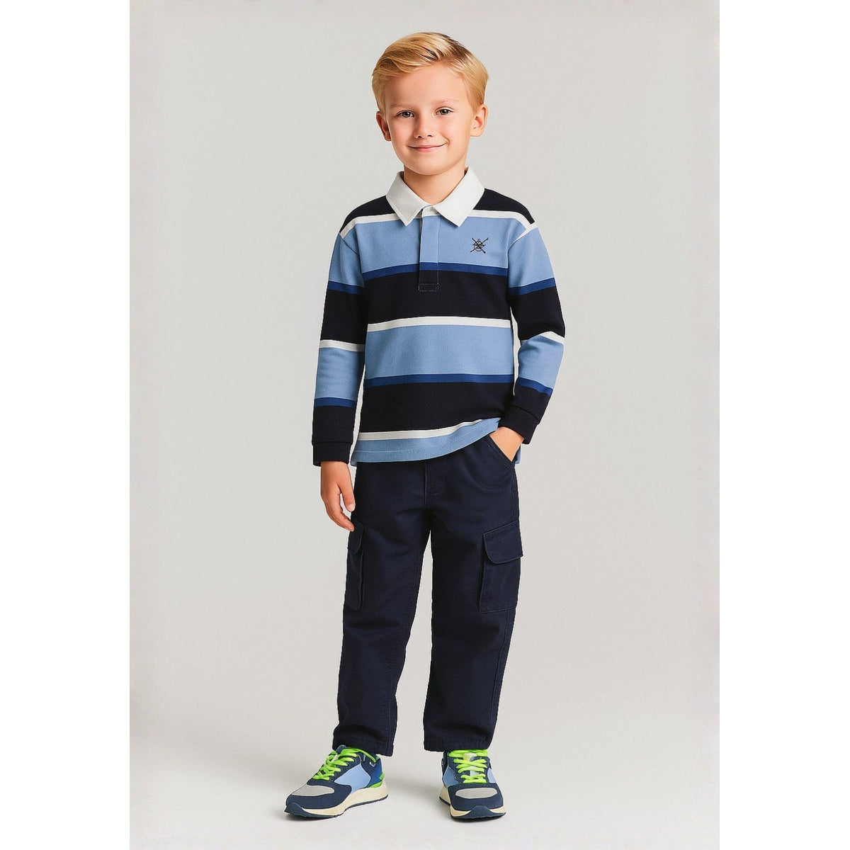 Boys' striped rugby shirt in light blue, navy and white — complete product view for square Shop card