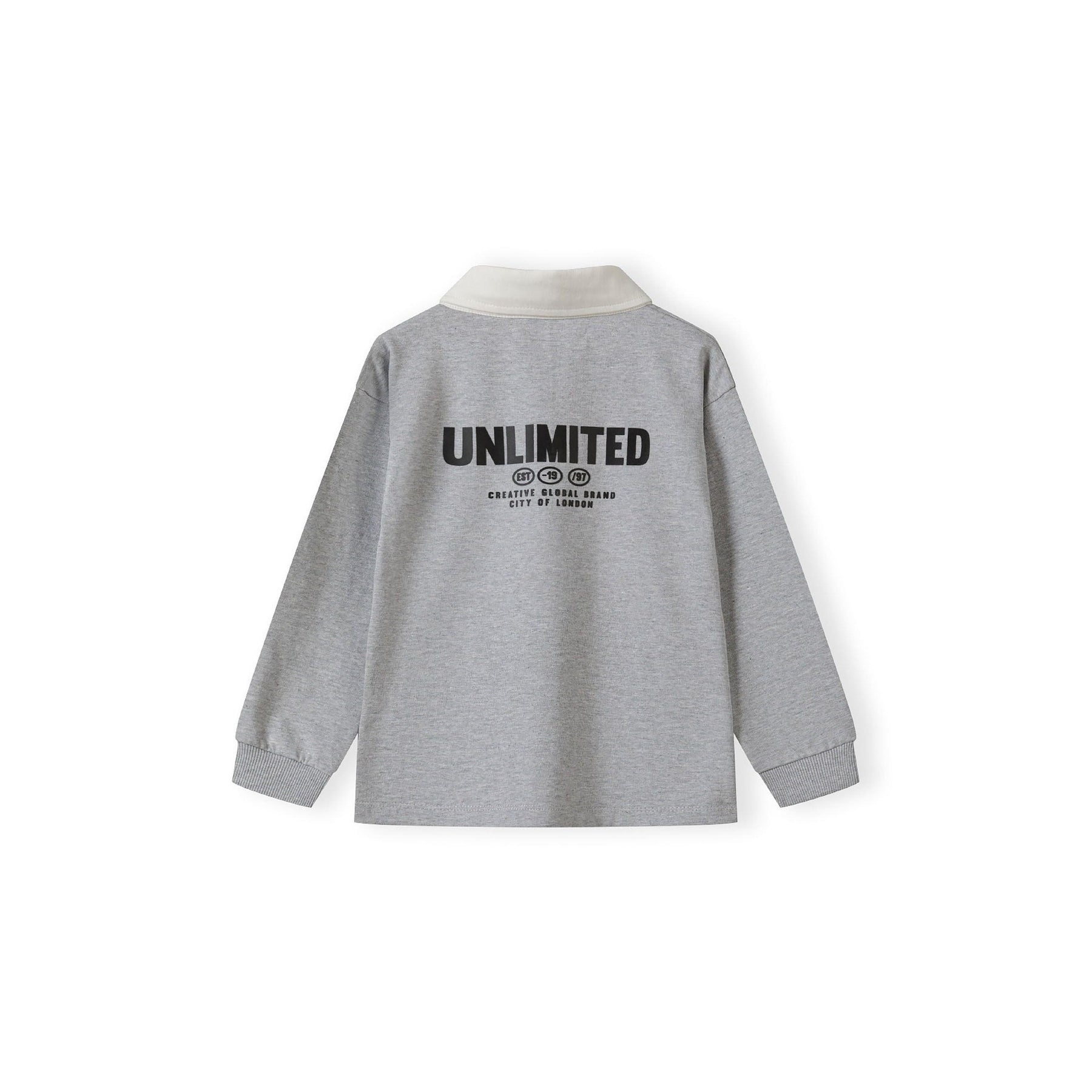 Back view of grey long sleeve polo shirt showing large UNLIMITED print with icons and text, displayed flat against white background