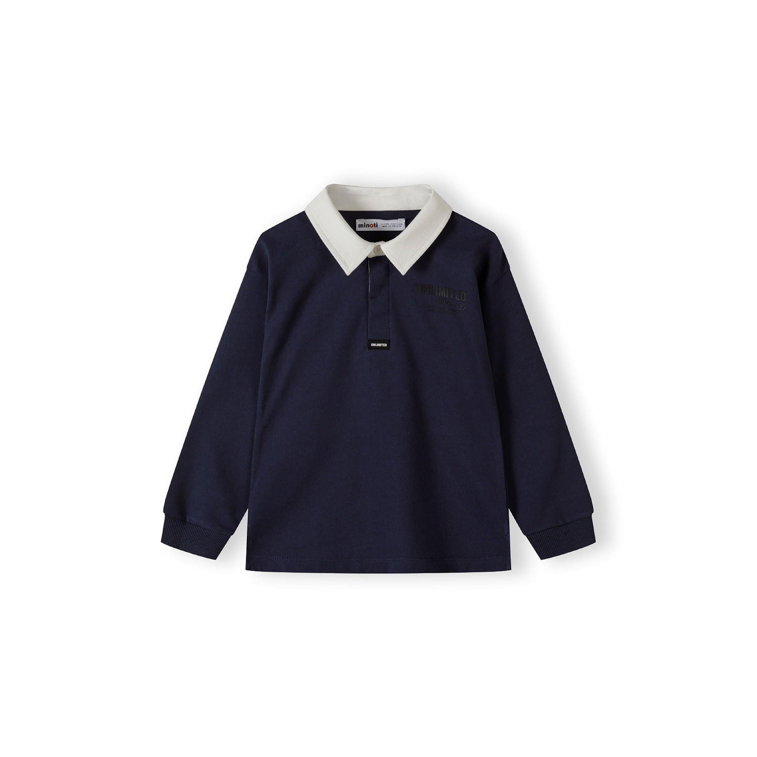 Back view of navy long sleeve polo shirt showing 'UNLIMITED EST 07' print on white background