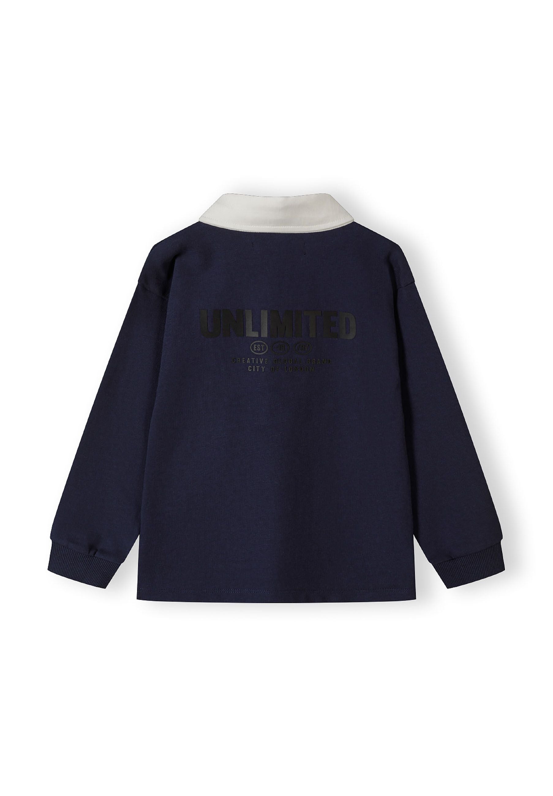 Boys long sleeve navy polo shirt, back print, structured collar, ribbed cuffs.