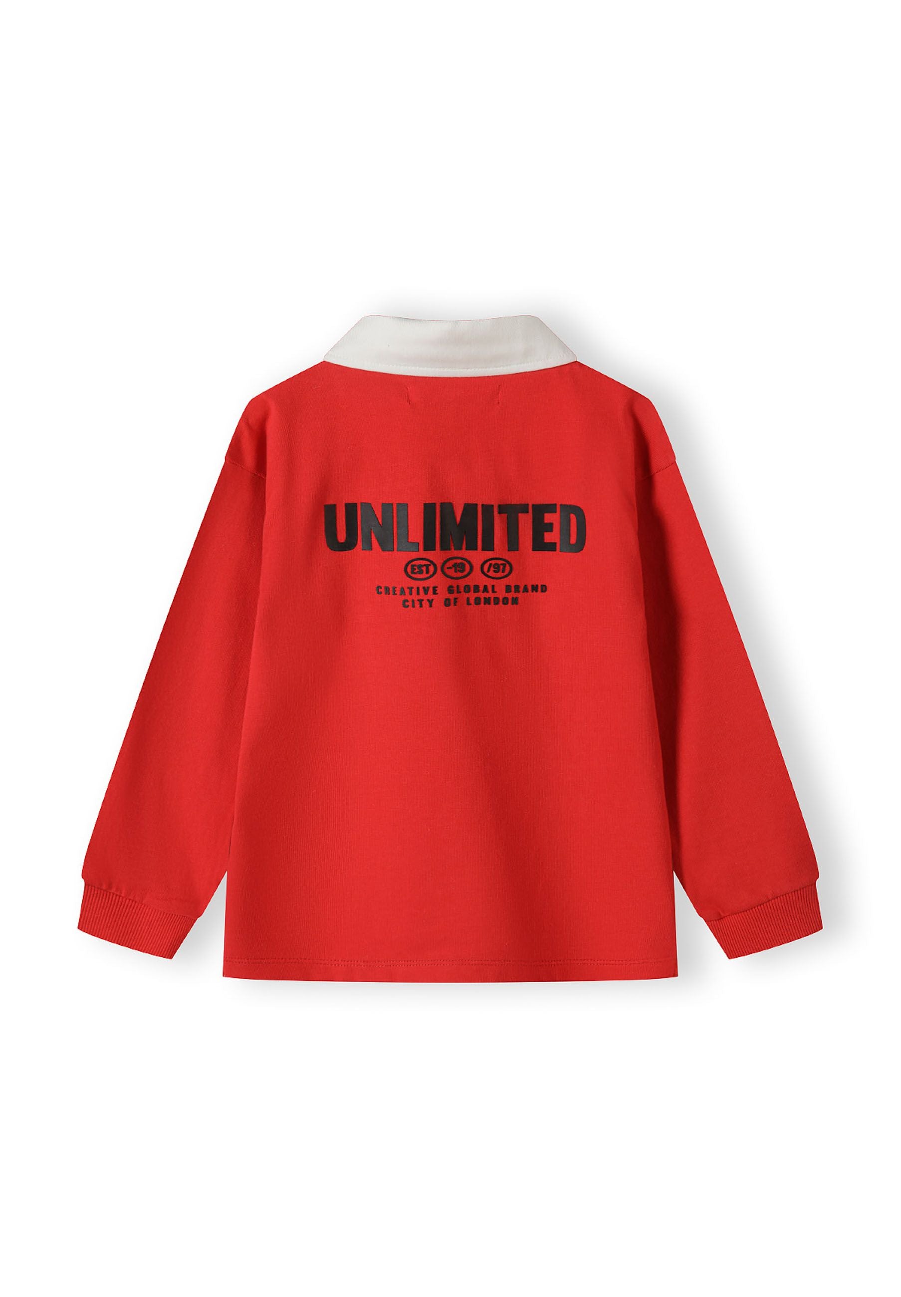 Boys long sleeve polo shirt in red with woven collar and back print, detail view.