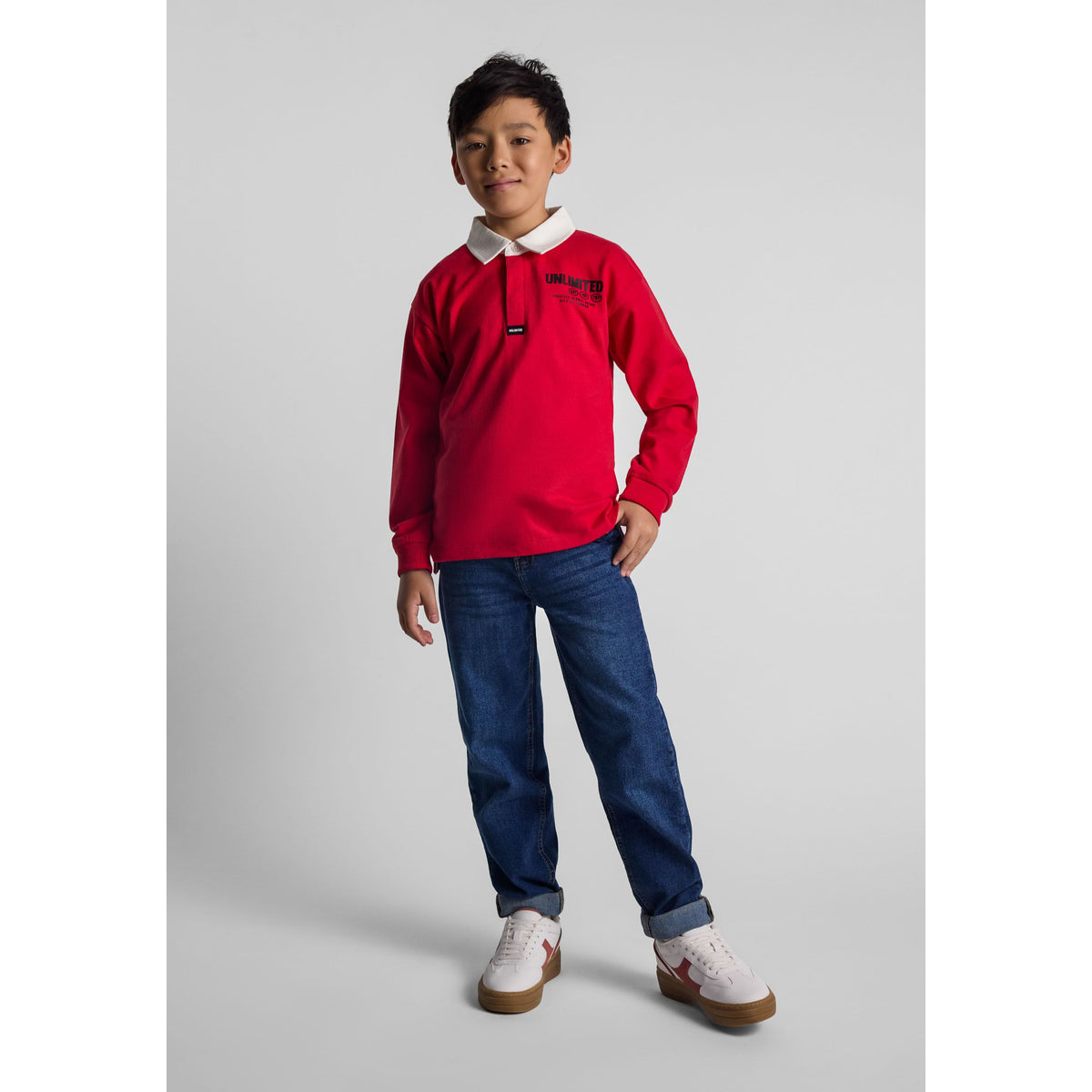 Boys' rugby shirt in red and white — complete product view for square Shop card