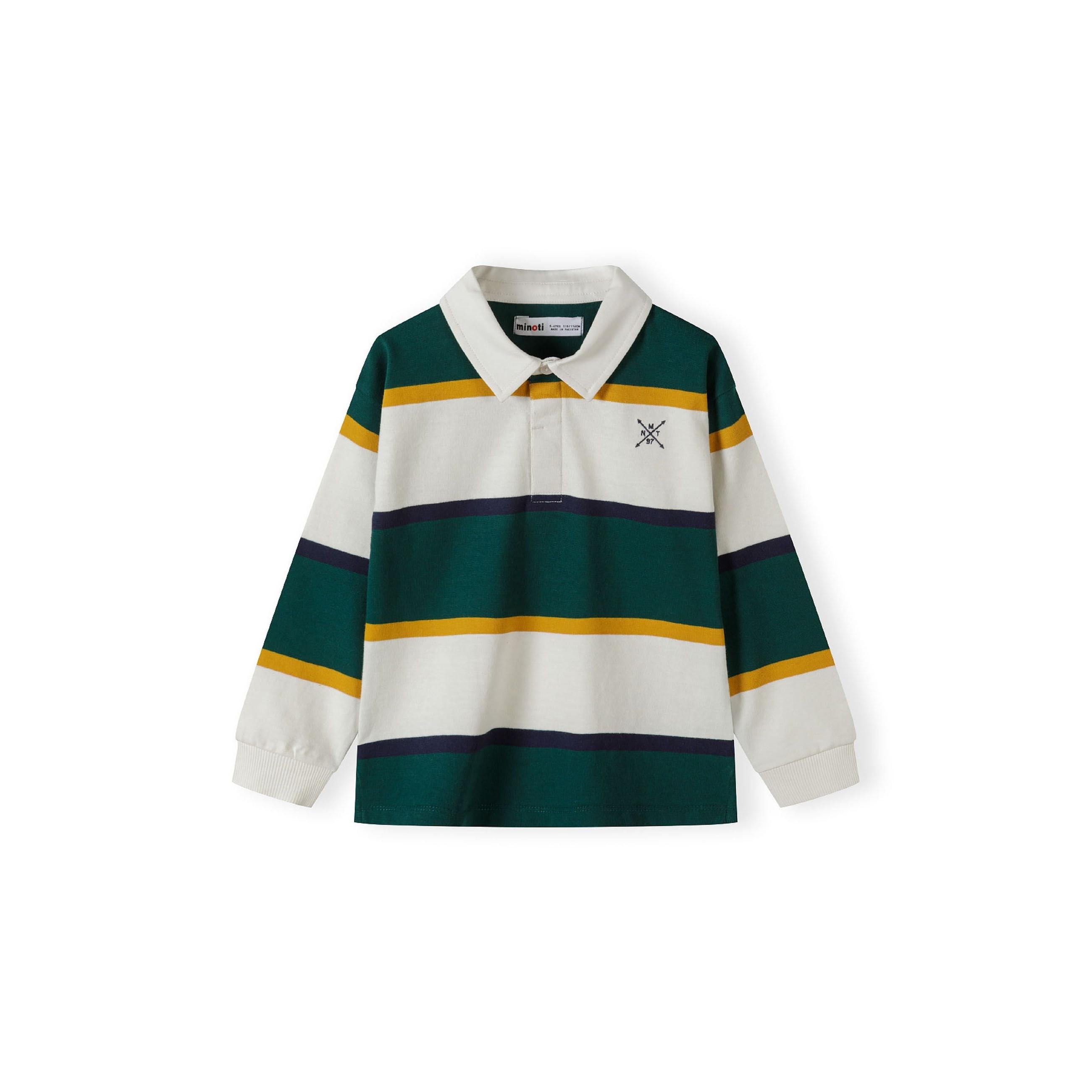 Back view of green and white striped polo shirt with yellow accent lines laid flat on white background