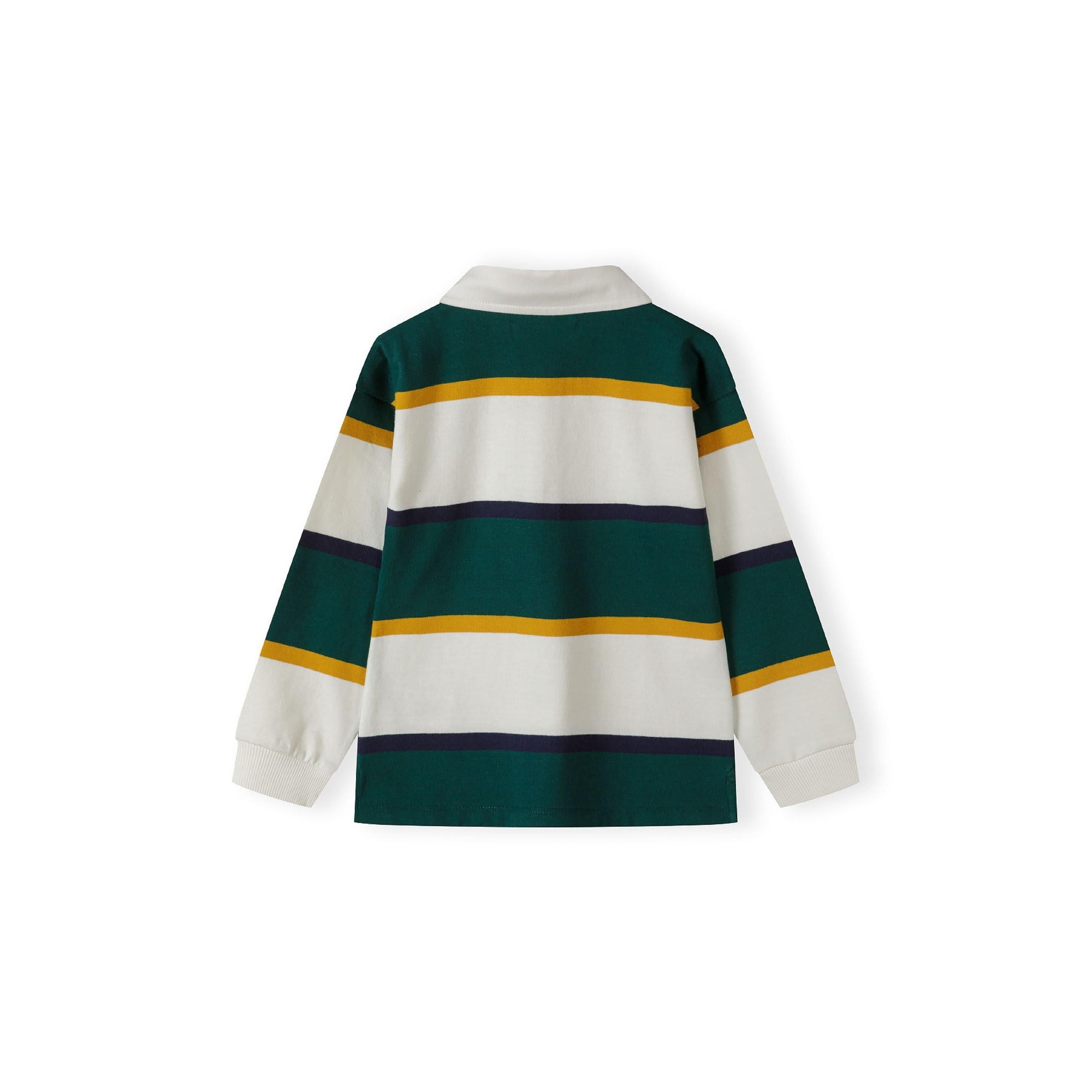 Back view of green and white striped polo shirt with yellow accent lines laid flat on white background