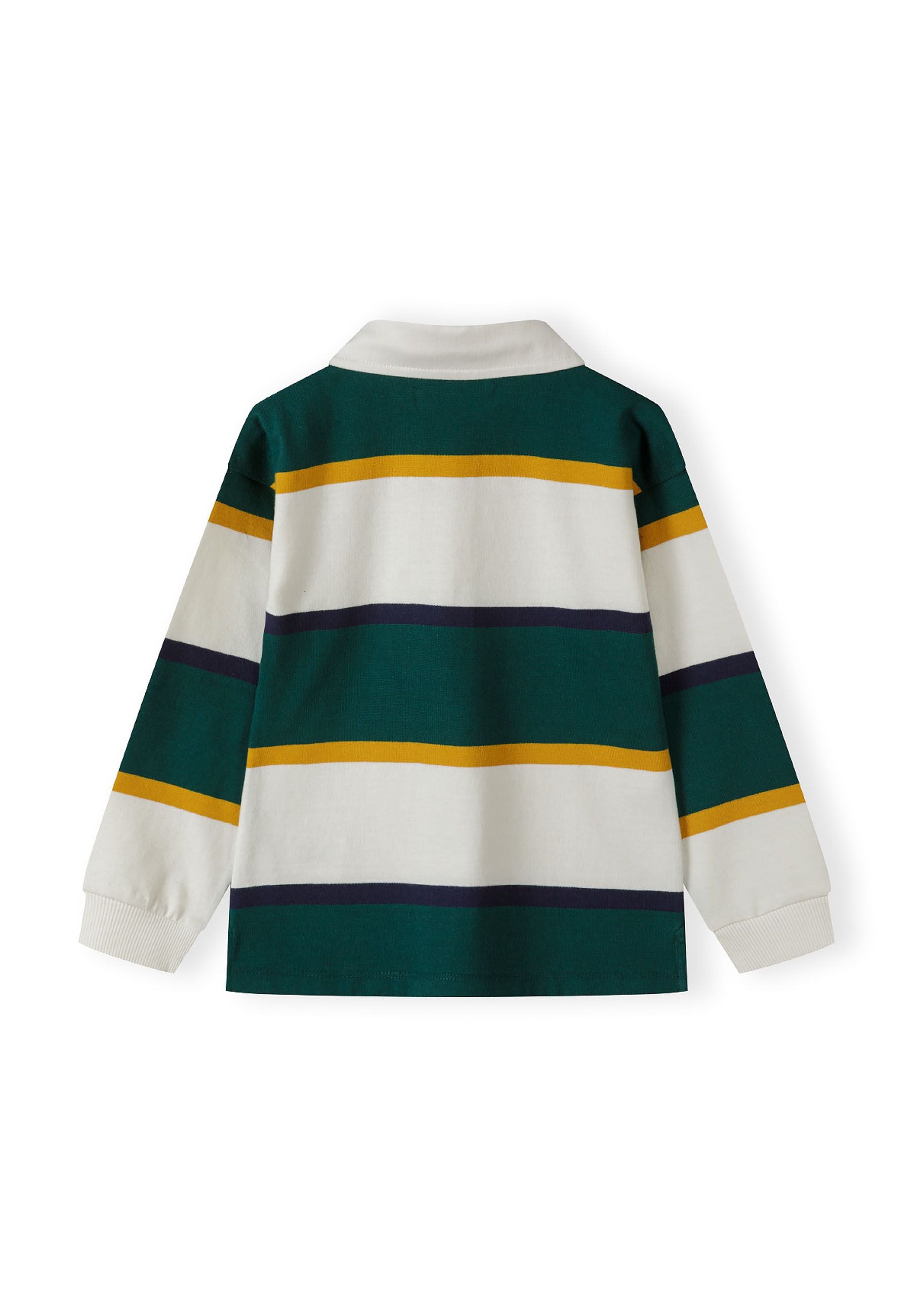 Boys long sleeve polo shirt in green and white stripes, back view with collar and ribbed cuffs.