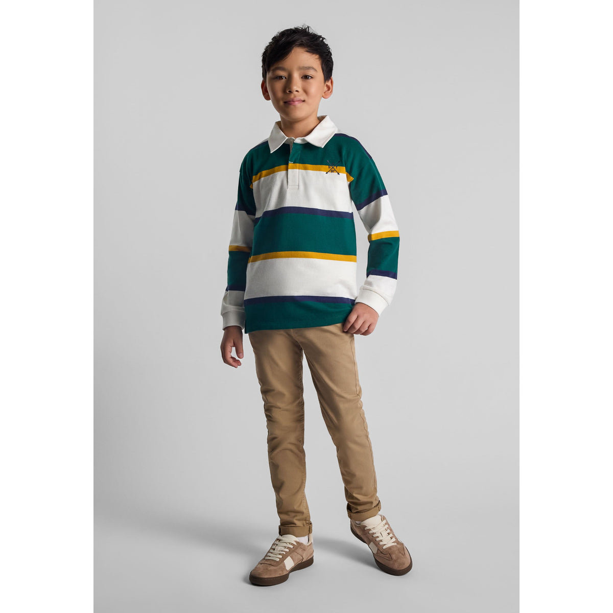 Boys' striped rugby shirt in green, white, yellow and navy — complete product view for square Shop card