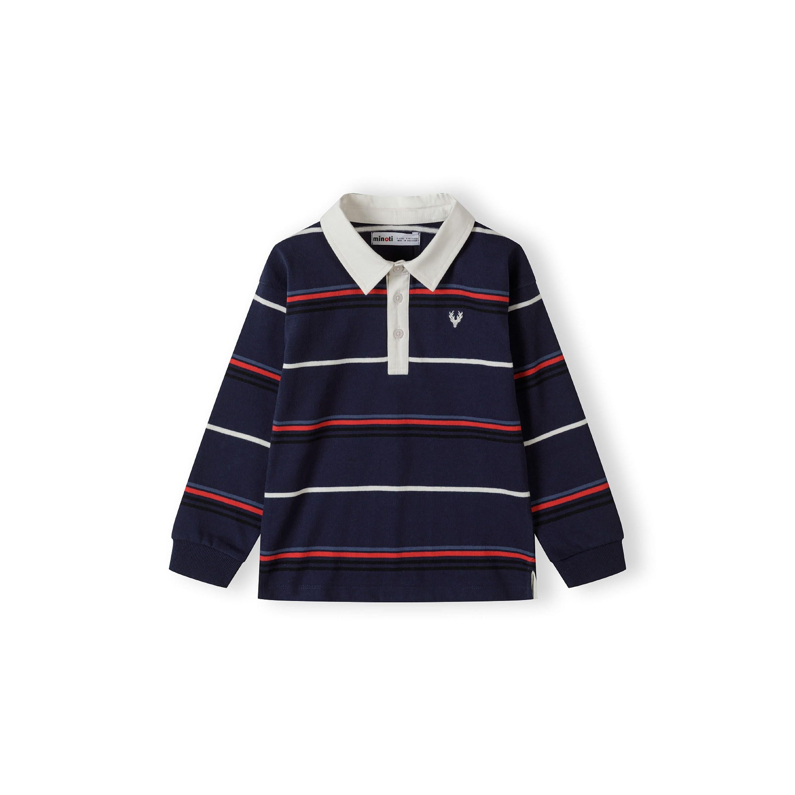 Flat lay of navy striped long sleeve polo shirt showing back view with white collar and red and white stripe pattern