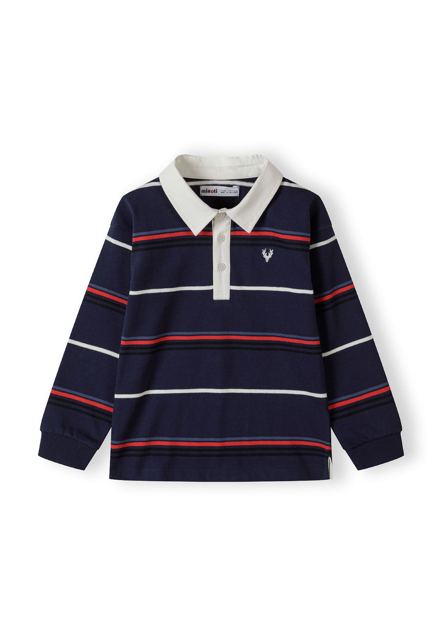 Boys long sleeve polo shirt in navy with stripes, featuring a collar and embroidered emblem.