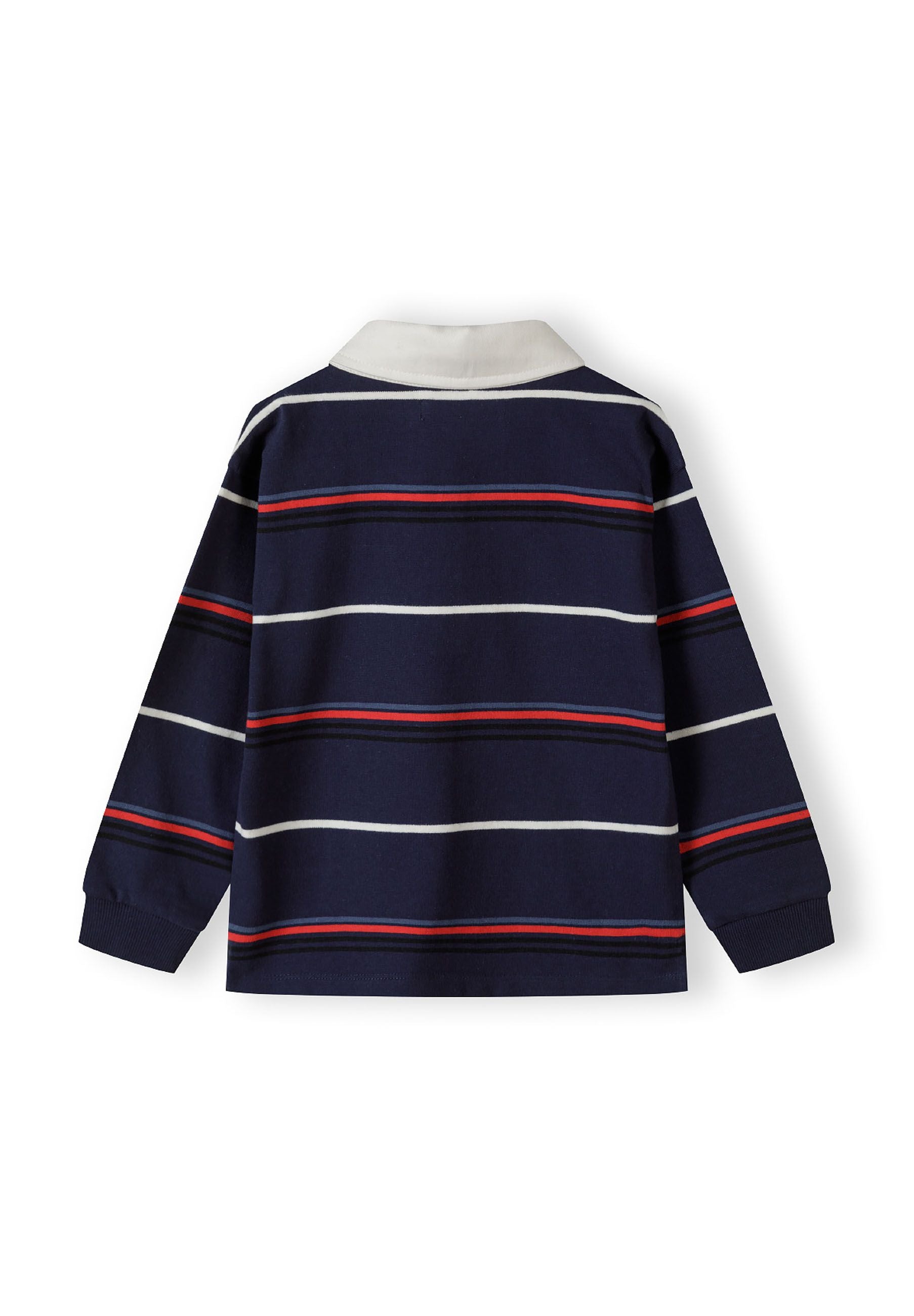 Back view of boys long sleeve polo shirt in navy with horizontal stripes and a white collar.