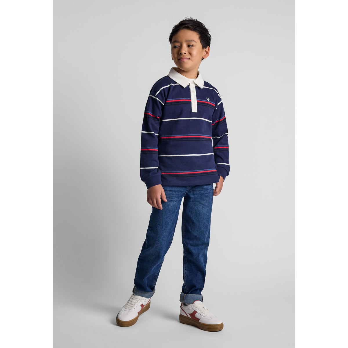 Boys' striped rugby shirt in navy, red and white — complete product view for square Shop card