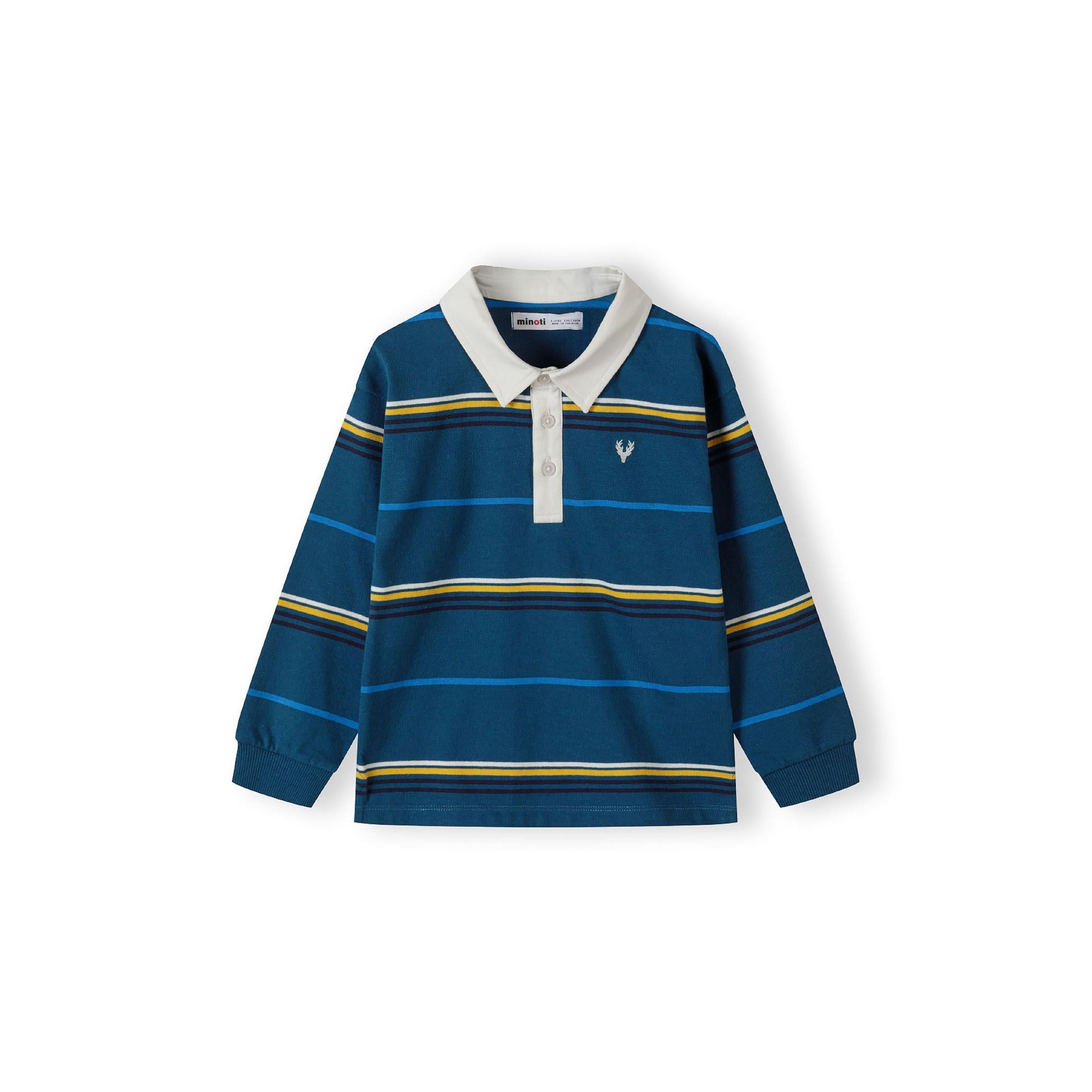 Back view of turquoise striped long sleeve polo shirt with white collar showing horizontal stripe pattern in turquoise, yellow and navy