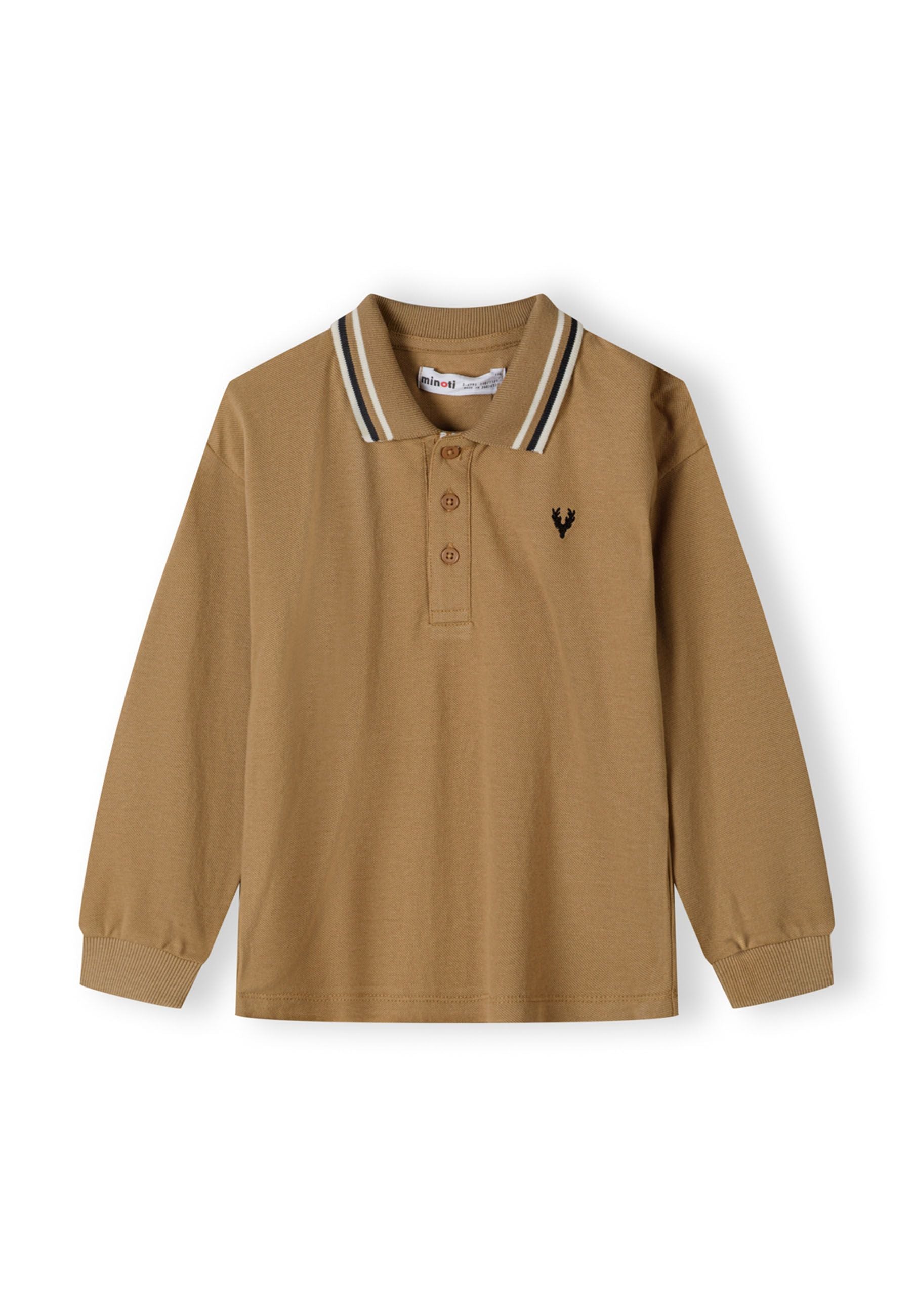 Boys long sleeve polo in beige with woven collar and button placket, featuring an embroidered logo.
