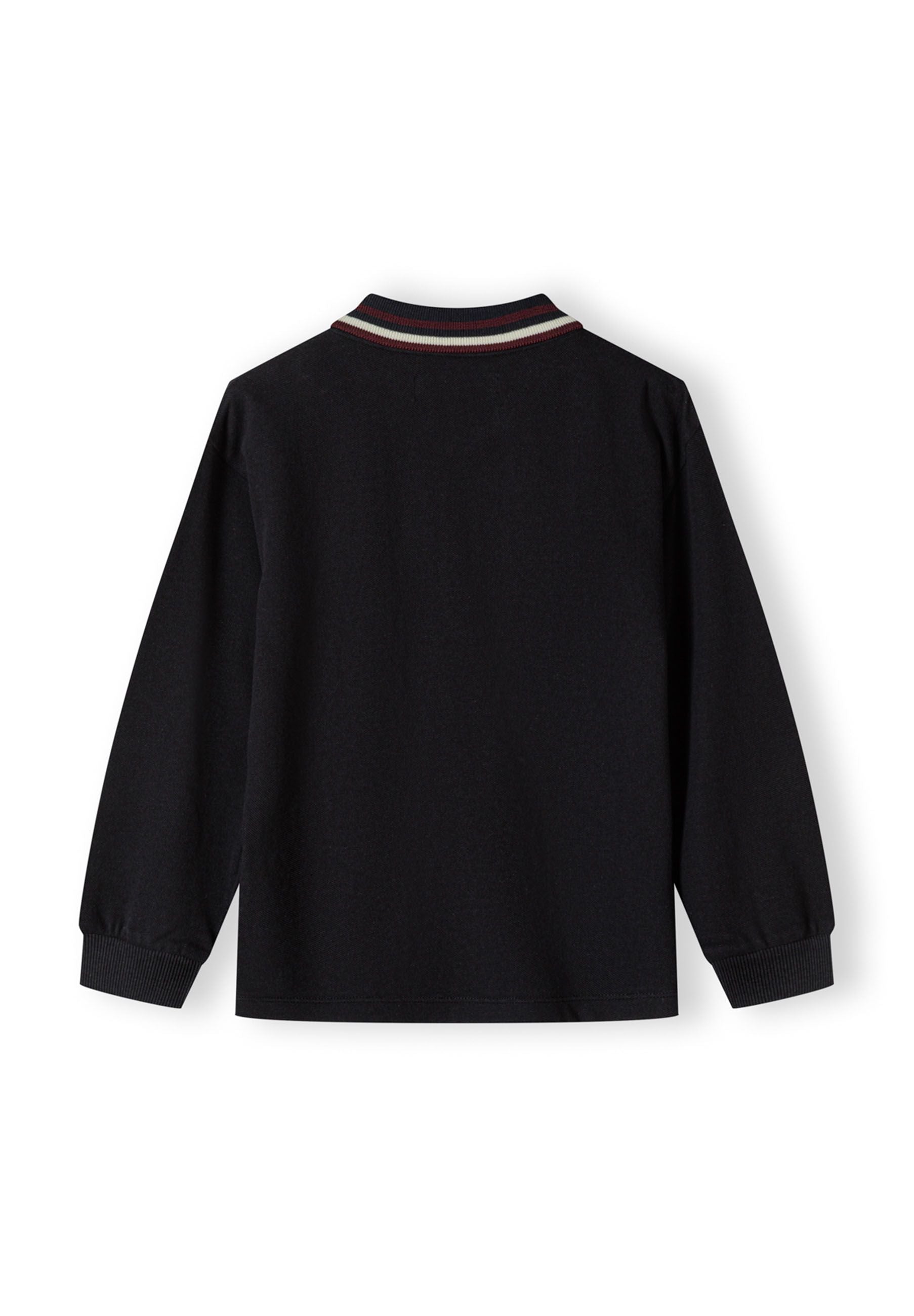 Back view of a boys long sleeve polo in grey with a woven collar and ribbed cuffs.