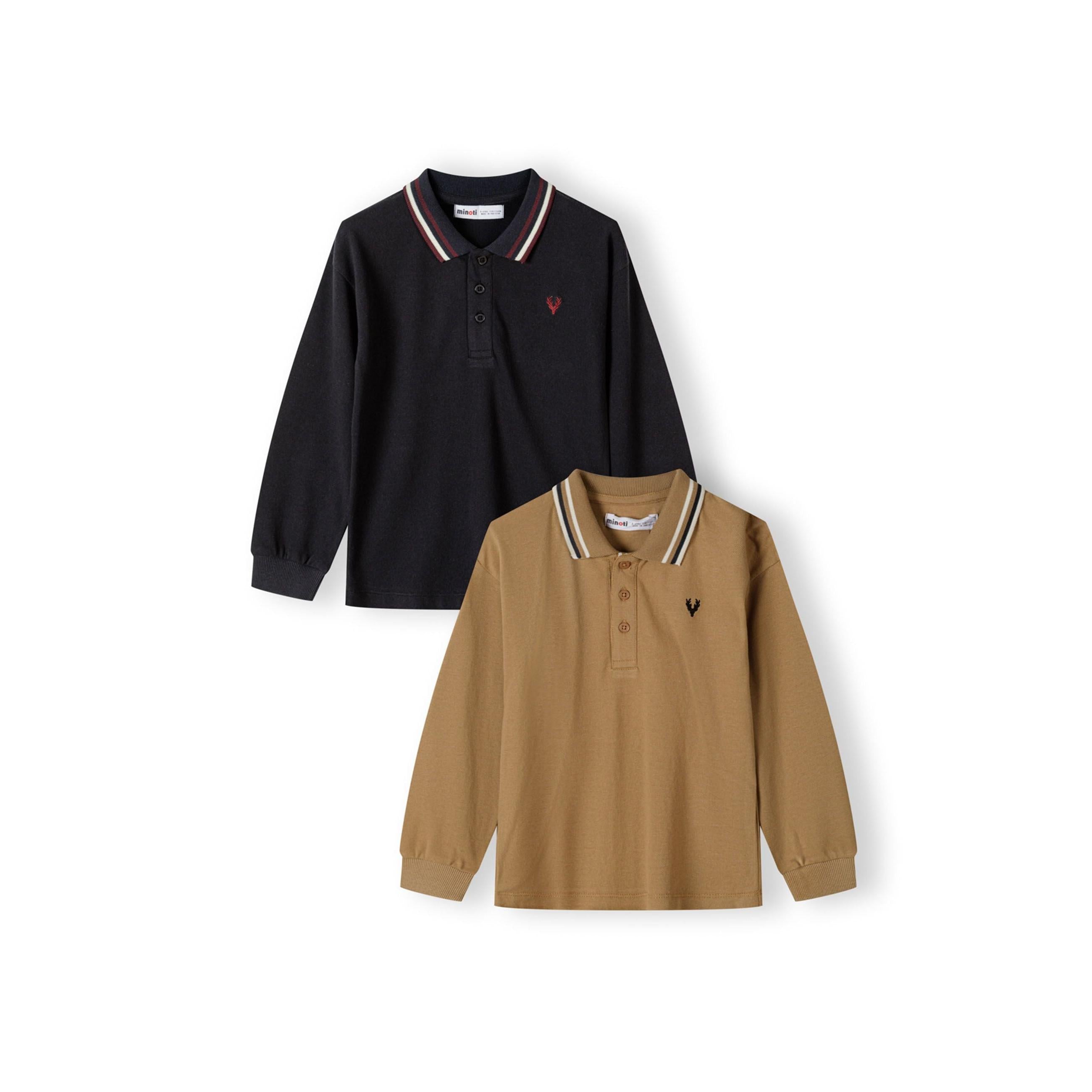 Two long sleeve polo shirts displayed on white background - black polo on top with red, white and navy tipped collar, tan polo below with matching collar detail, both featuring small embroidered stag logos