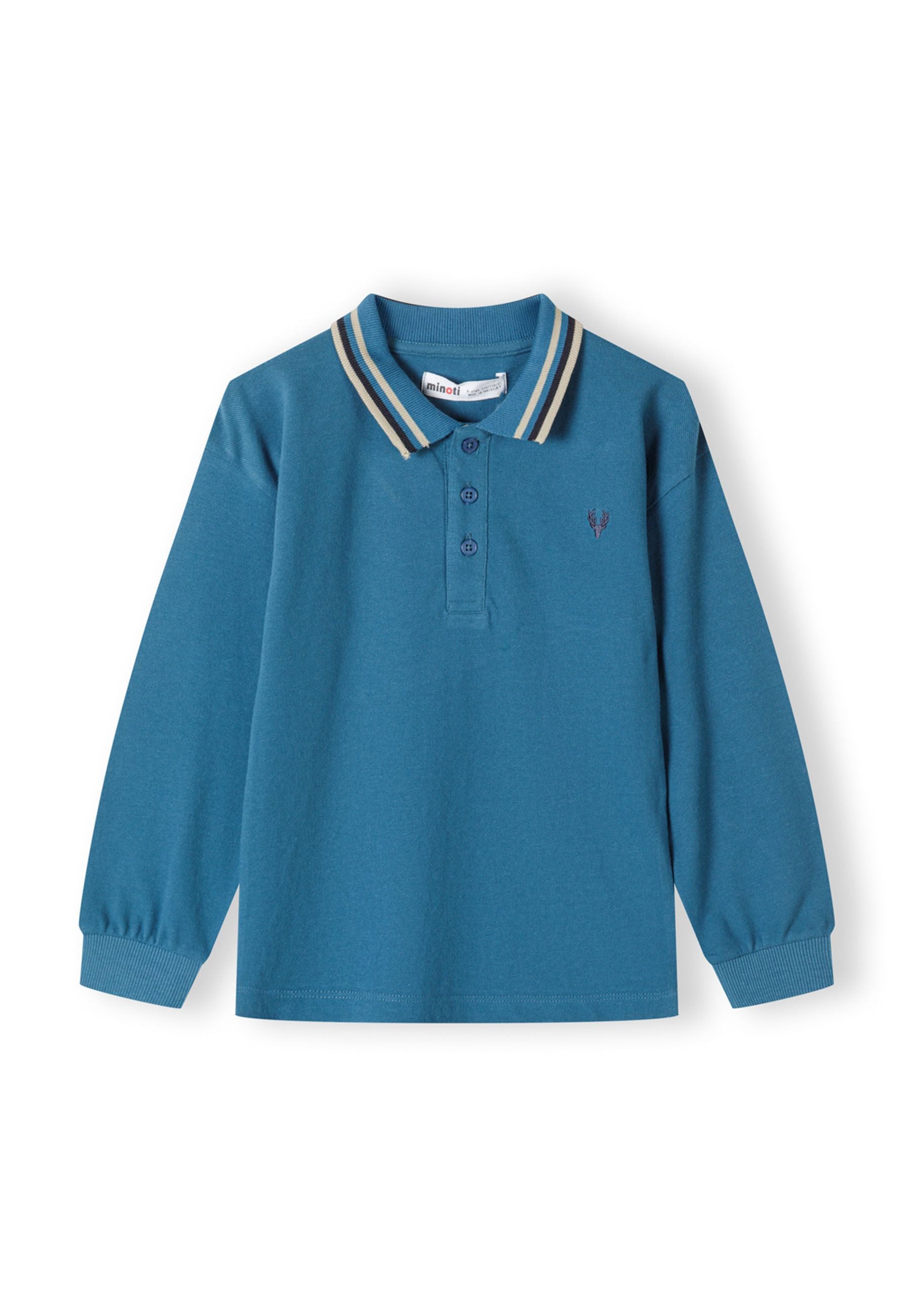 Boys long sleeve polo top in navy with contrast collar, featuring button placket and ribbed cuffs.