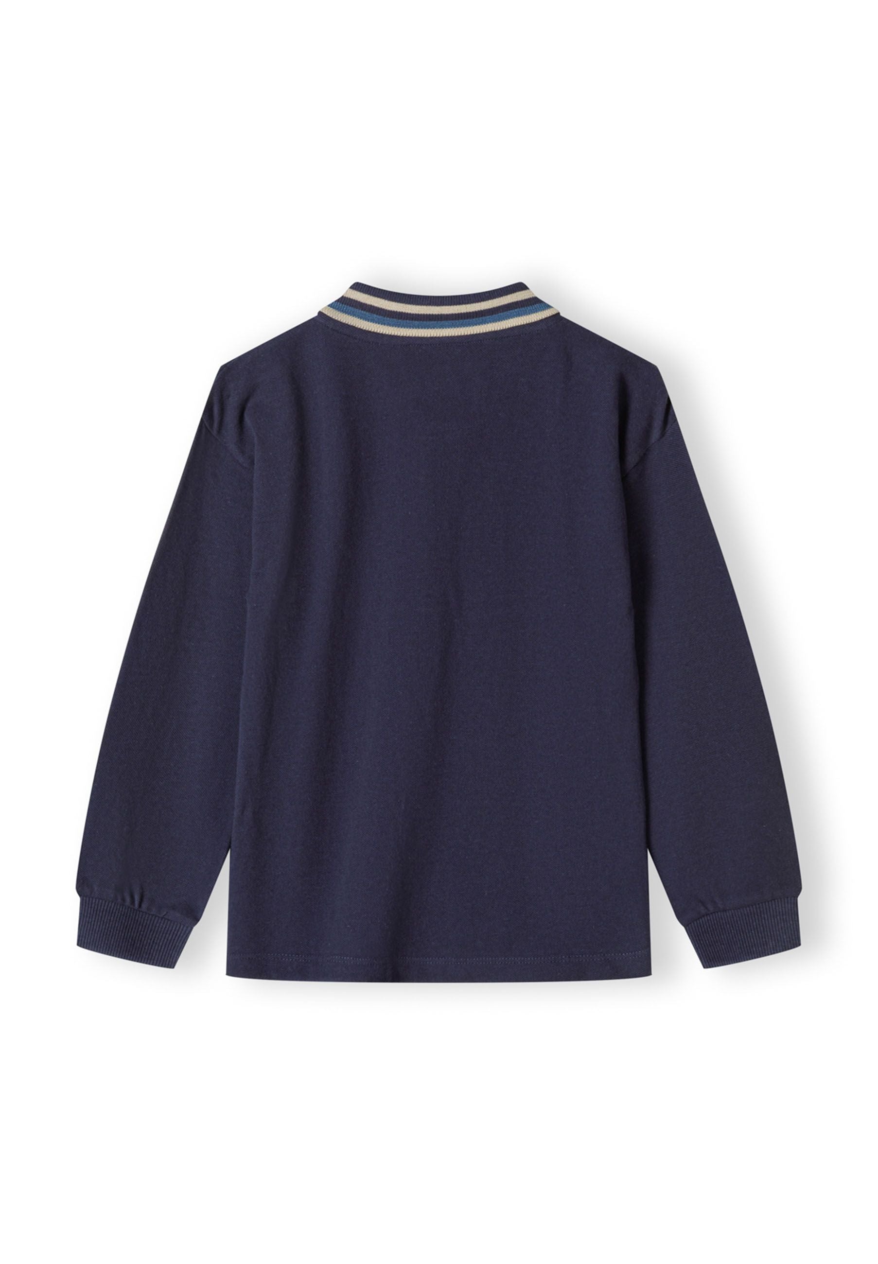 Back view of a navy long sleeve polo top with a contrast collar and ribbed cuffs.