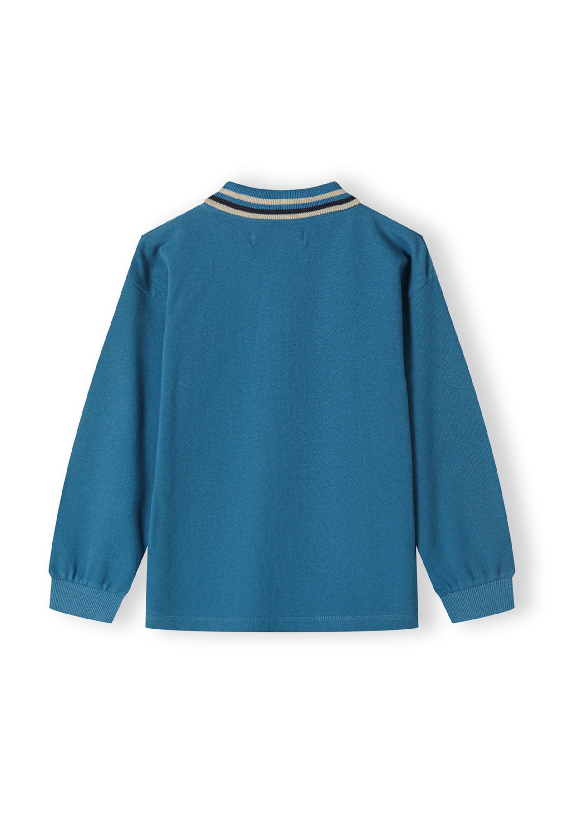 Back view of a boys' long sleeve polo top in navy with a contrast collar and ribbed cuffs.