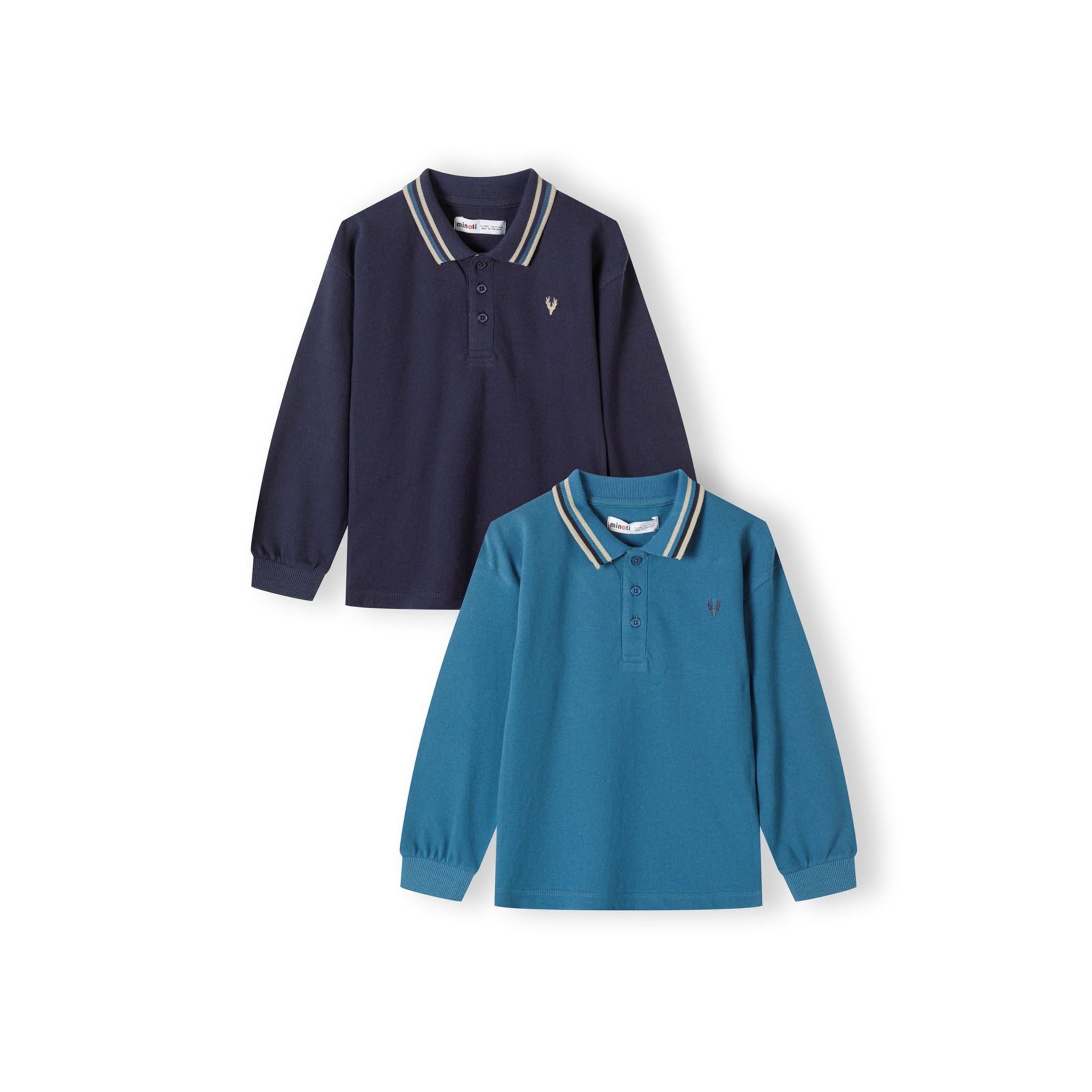Two long sleeve polo shirts displayed on white background - navy blue with contrast striped collar and teal blue with contrast collar tipping