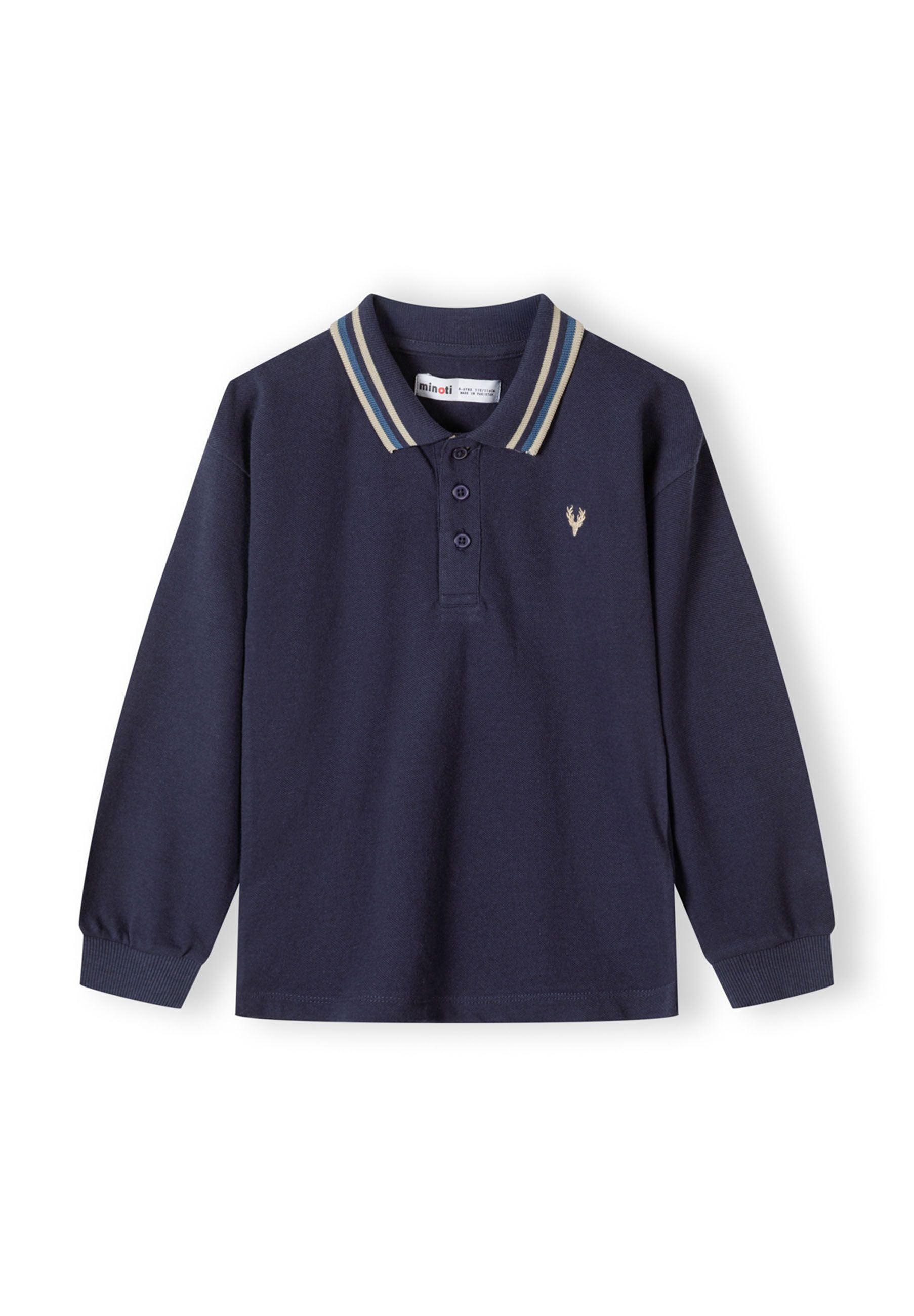 Navy long sleeve polo top with contrast collar and ribbed cuffs, front view.