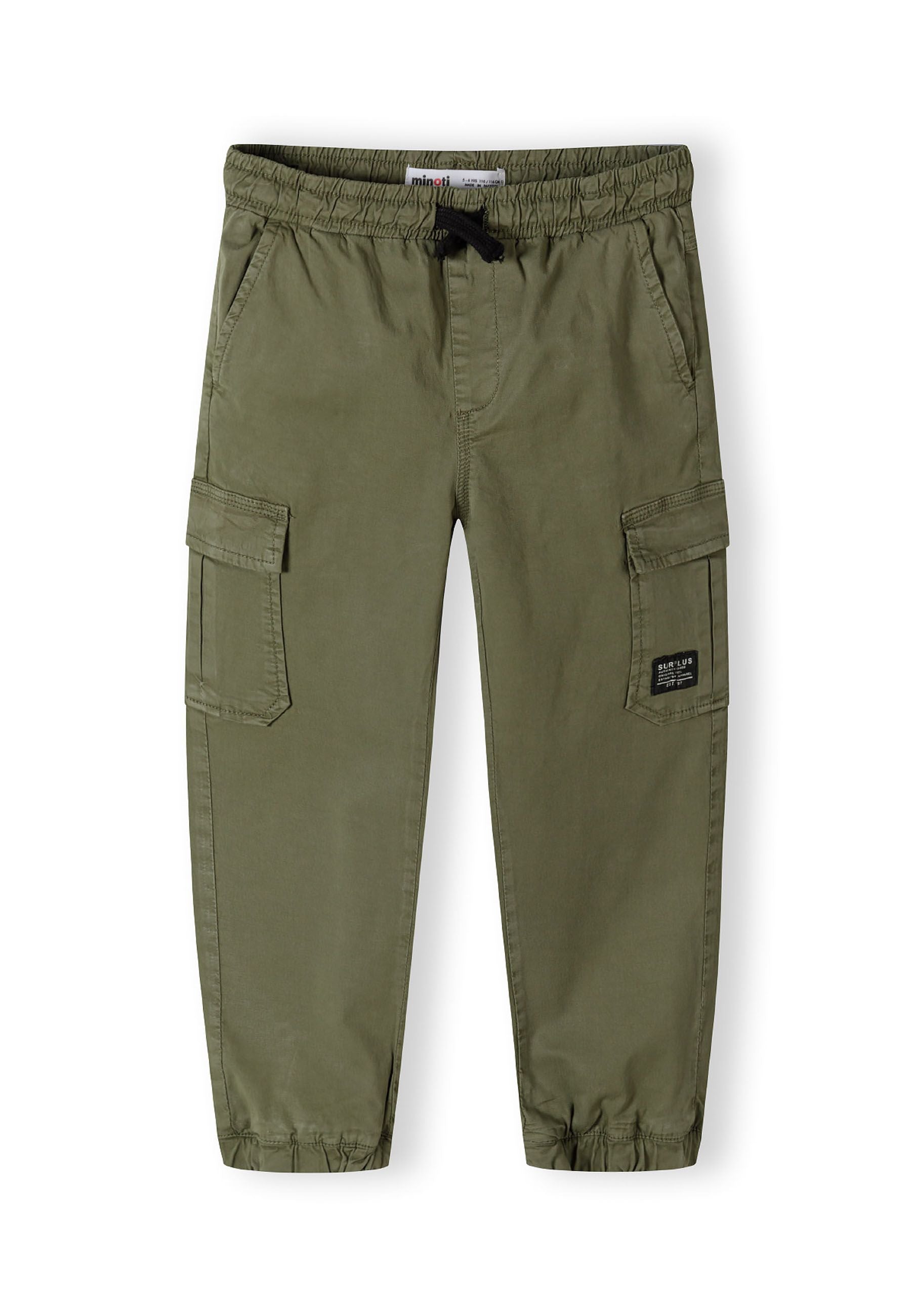 Boys khaki cargo trousers, front view, featuring elastic waistband and side pockets.