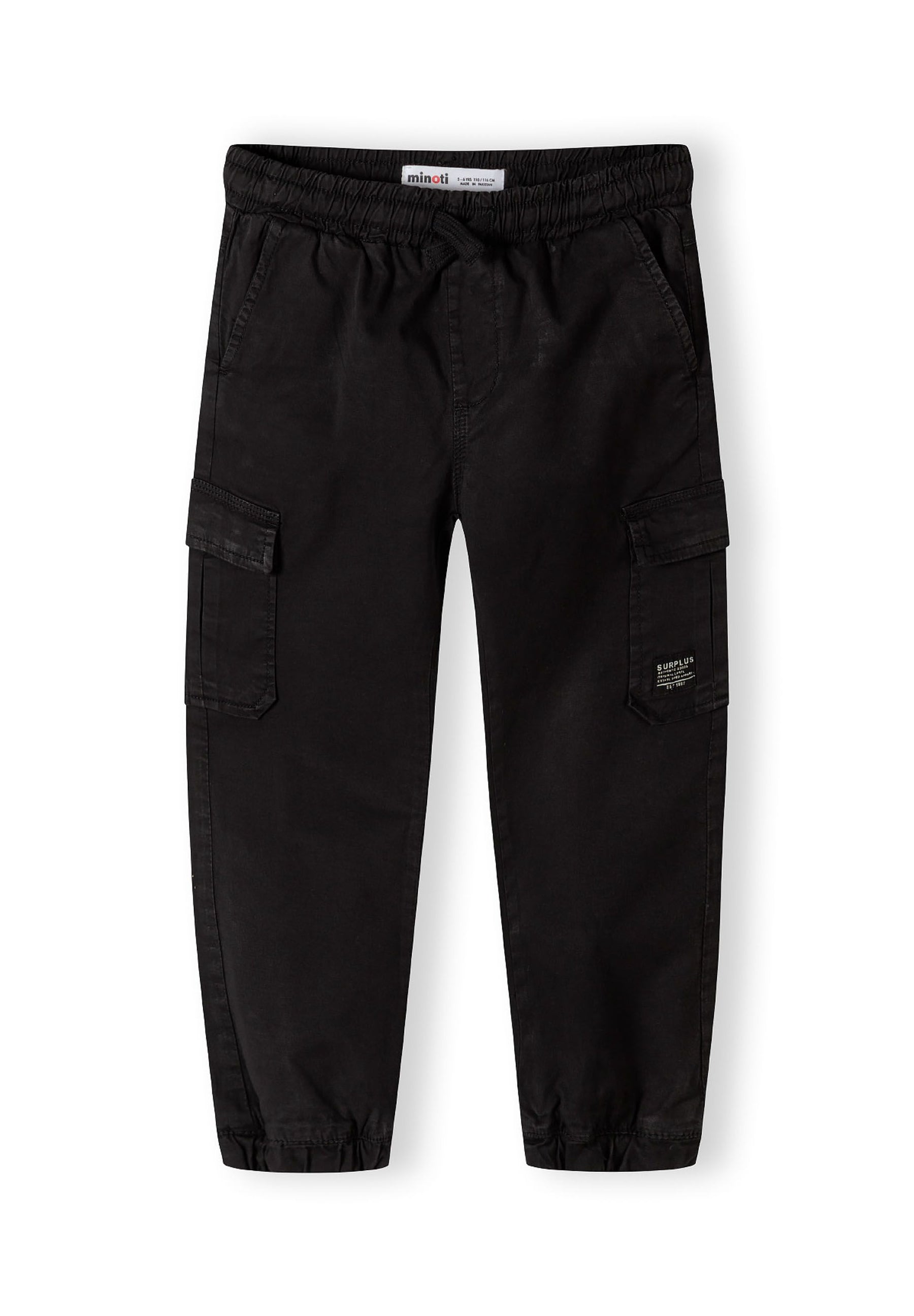 Boys black cargo trousers, front view, elastic waistband and side pockets.