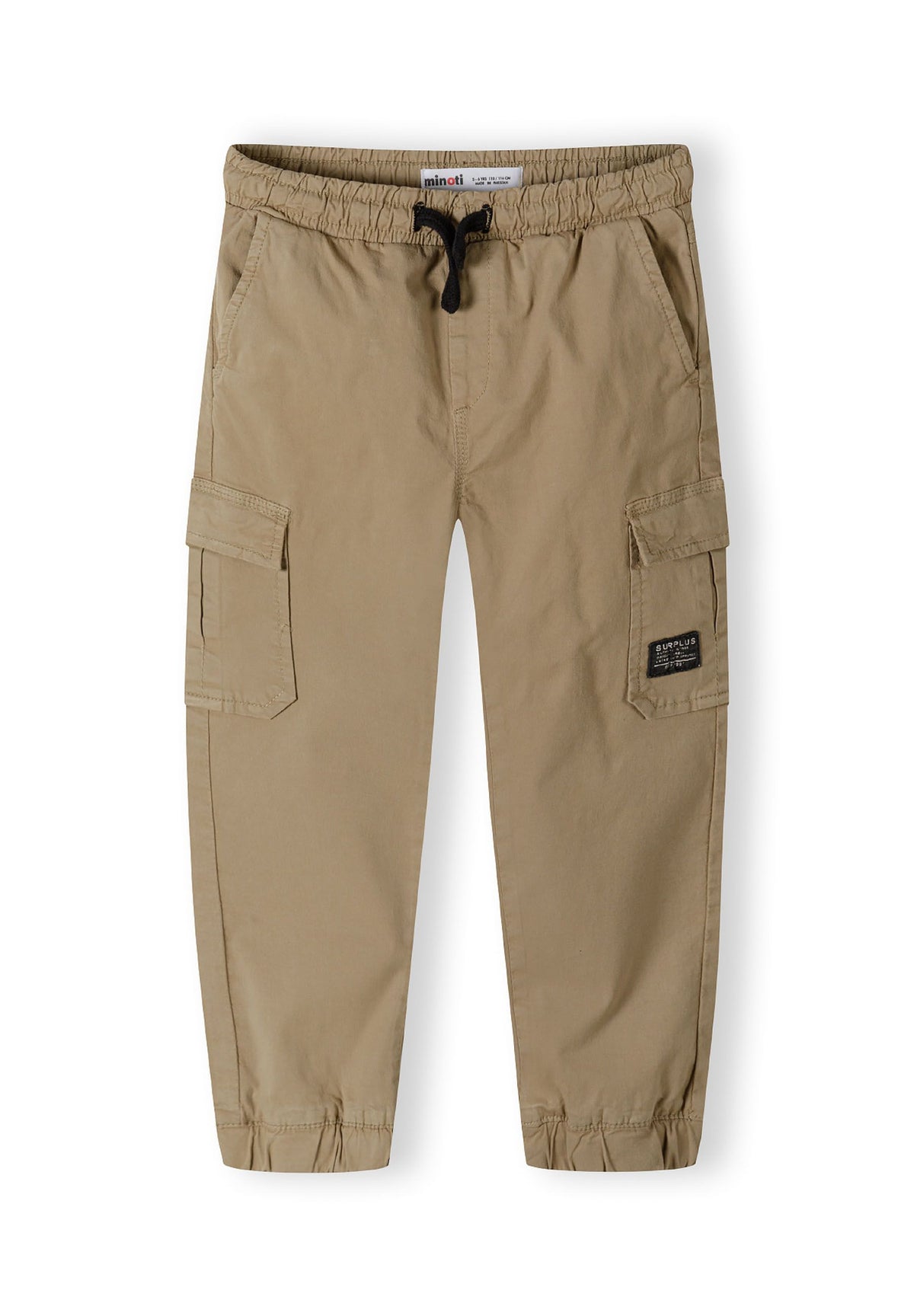 Beige cargo trousers, trousers front.