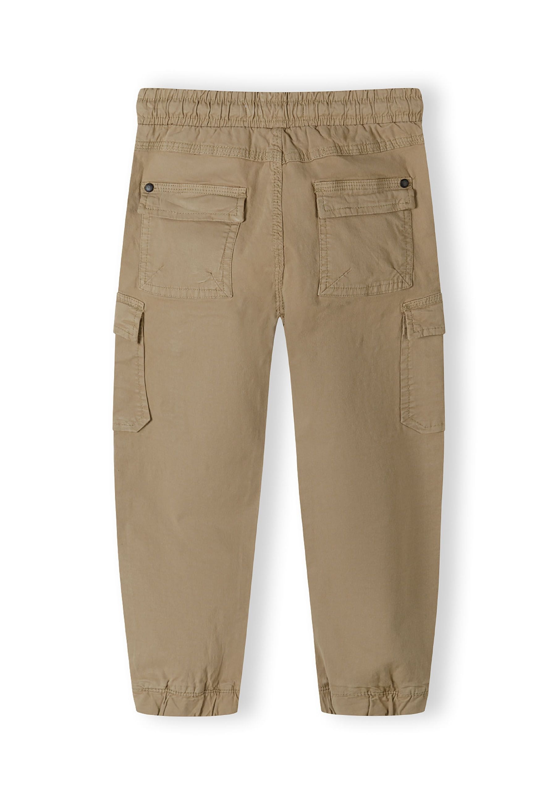 Boys' grey cargo trousers, back view, featuring elasticated waistband and multiple pockets.