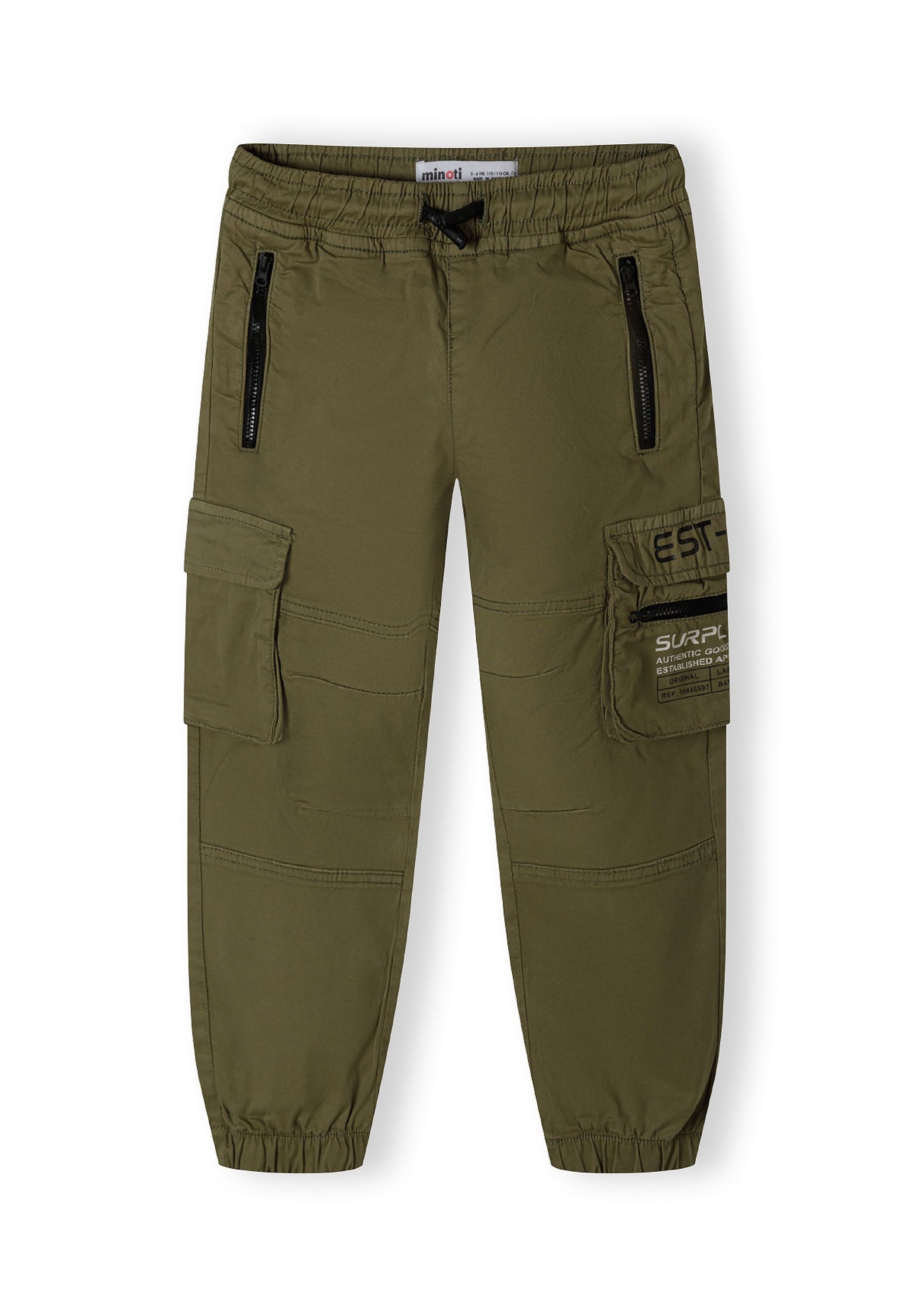 Boys cargo trousers in olive green, front view with zip pockets and side cargo pocket.