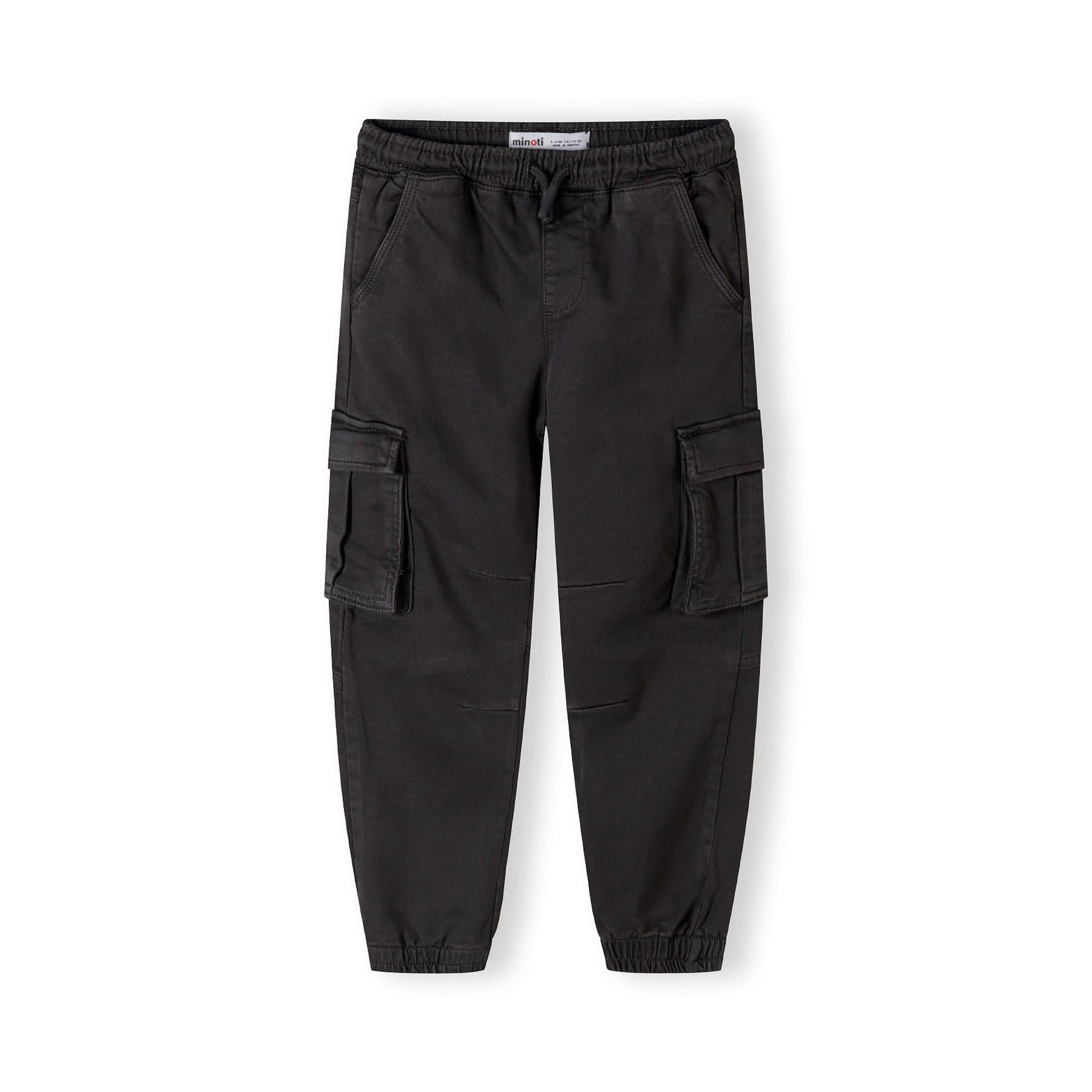 Front view of grey cargo trousers with multiple pockets, elasticated waistband and cuffed ankles on white background