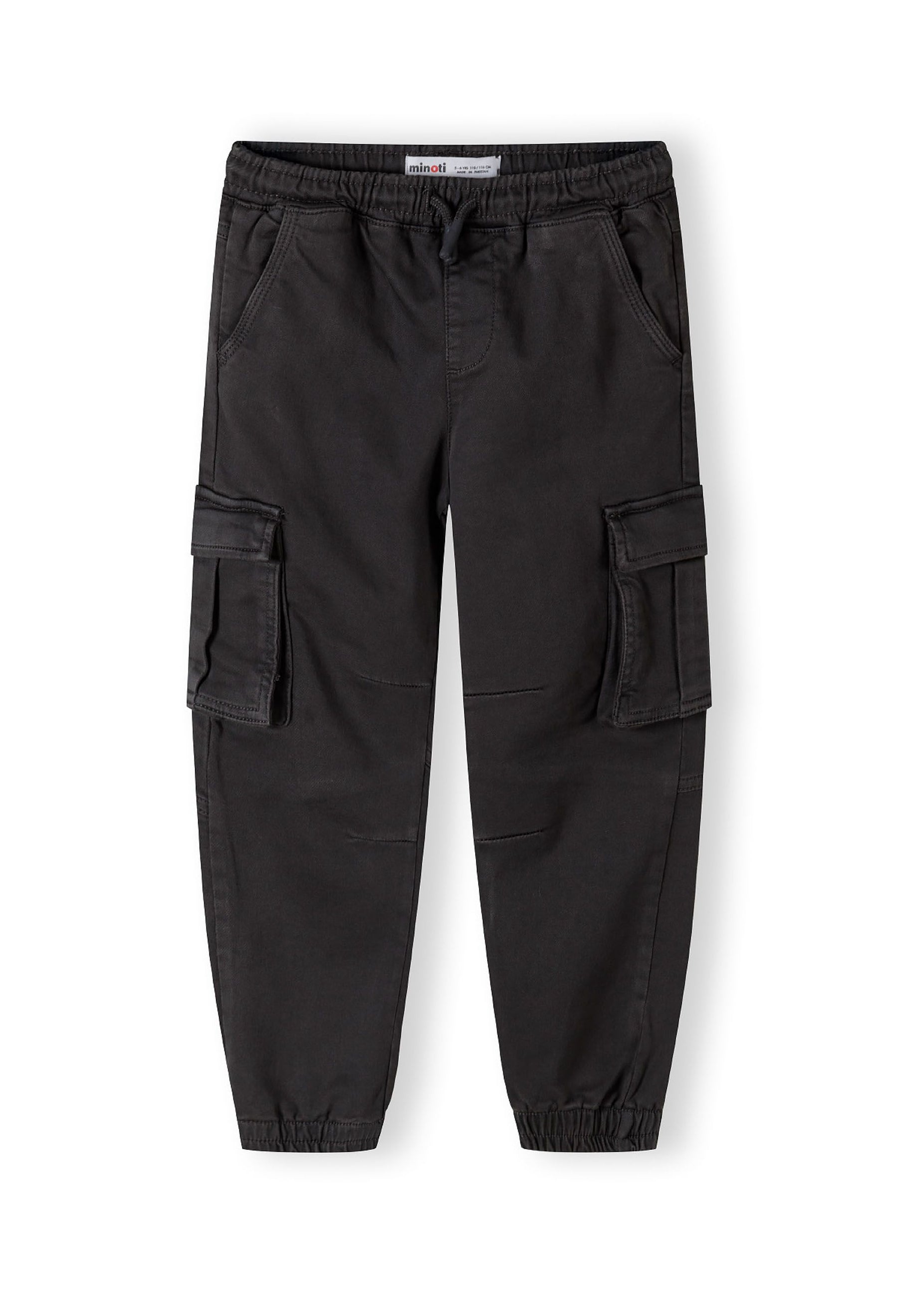Boys grey cargo trousers with multiple pockets, front view.