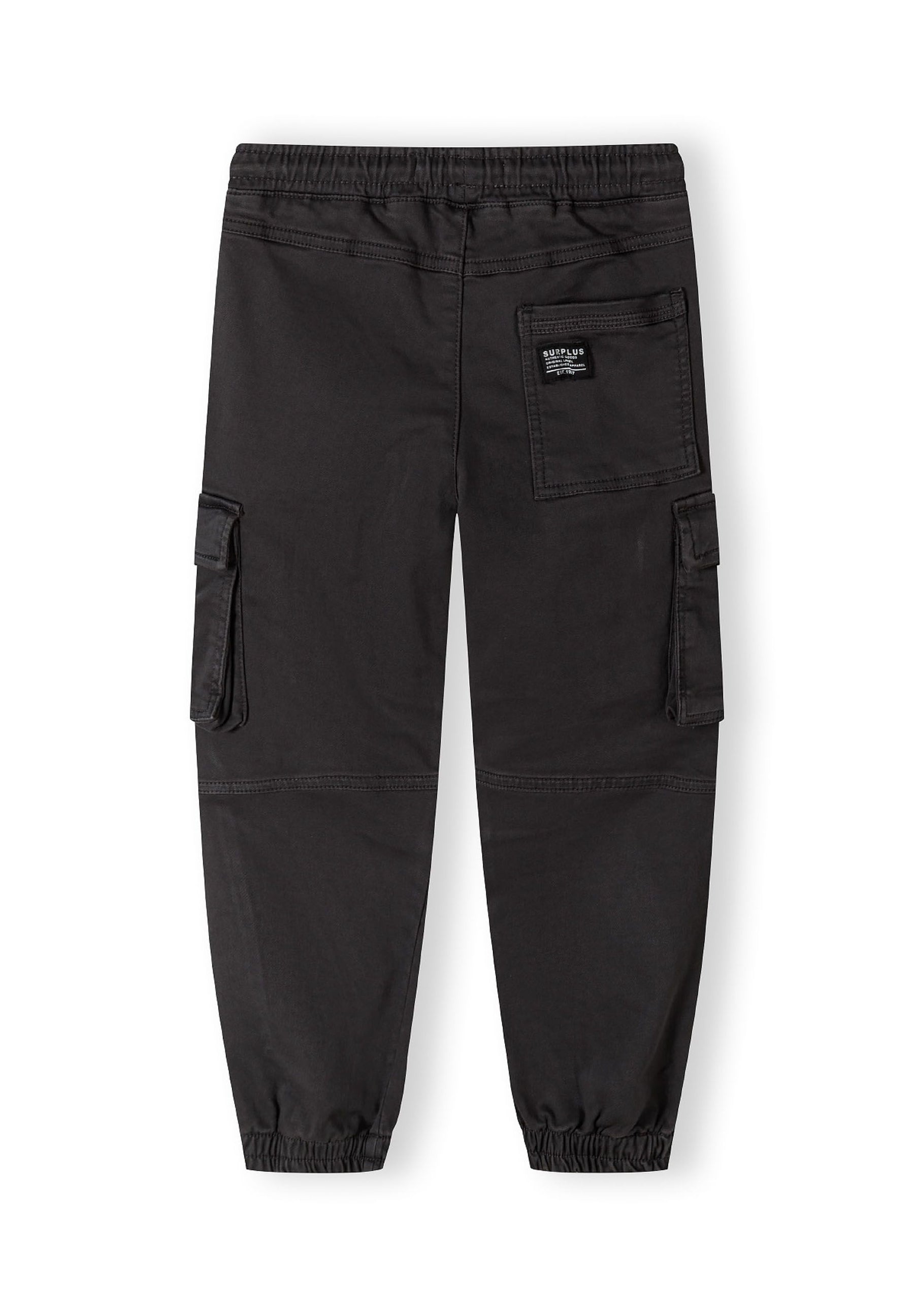 Boys grey cargo trousers, back view, featuring multiple pockets and ribbed cuffs.