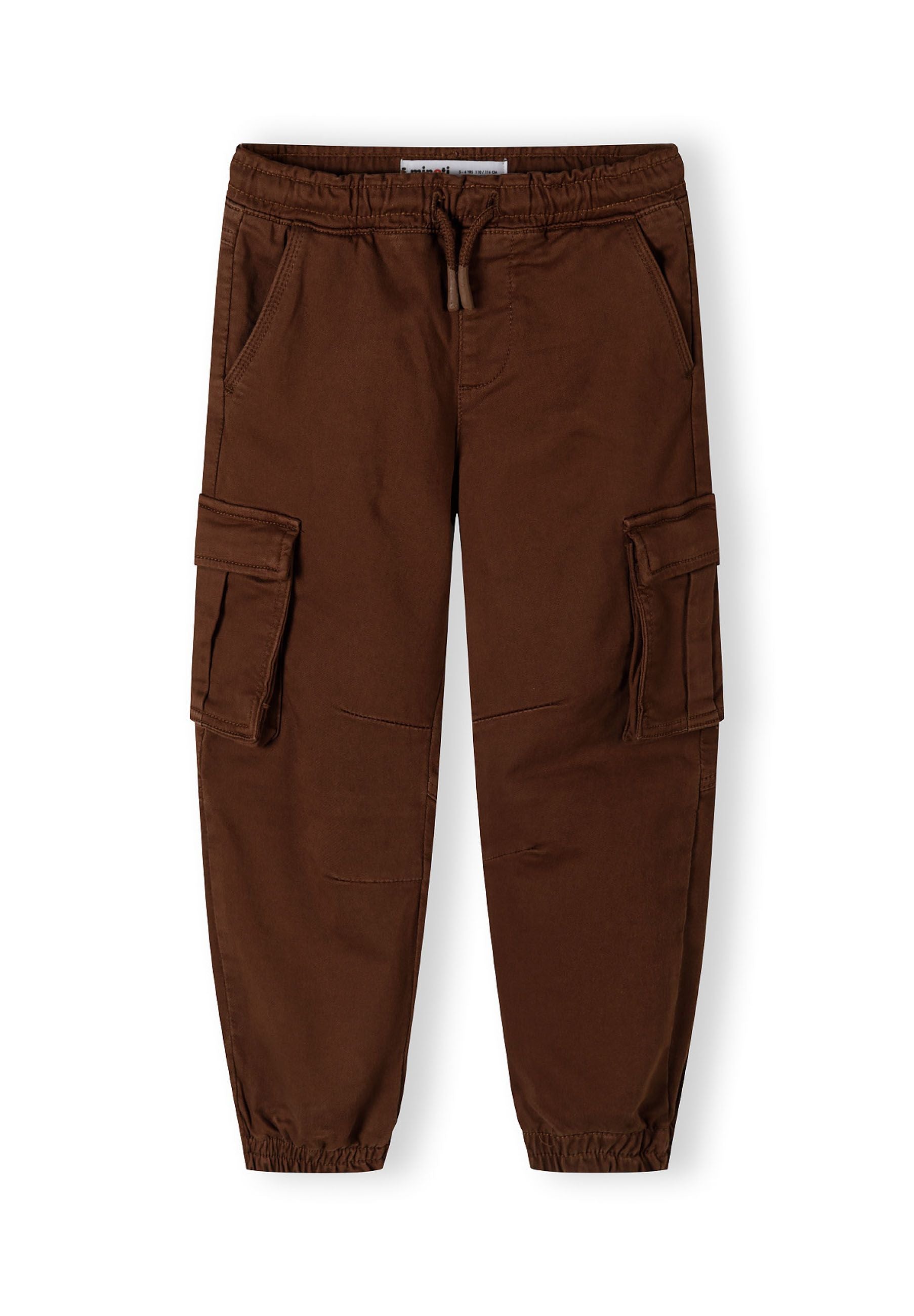 Boys cargo trousers in brown, front view with elasticated waistband and cargo pockets.